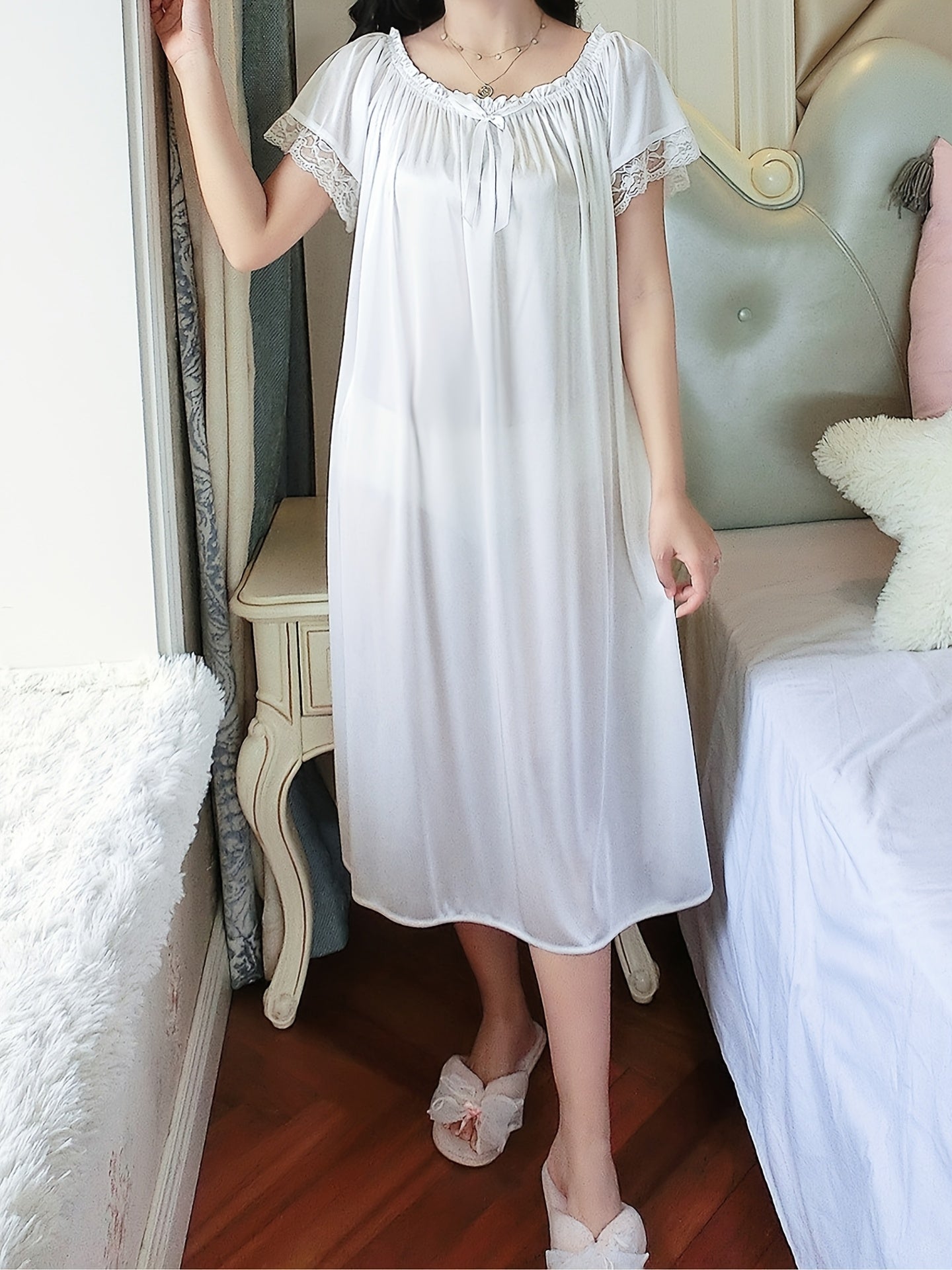 Elegant Off the Shoulder Short Sleeve Night Dress, Polyester Solid Color Slight Stretch Pullover for Adult Women, Spring/Summer Sleepwear