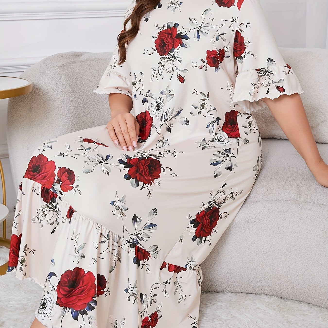 Elegant Floral Print Plus Size Nightgown