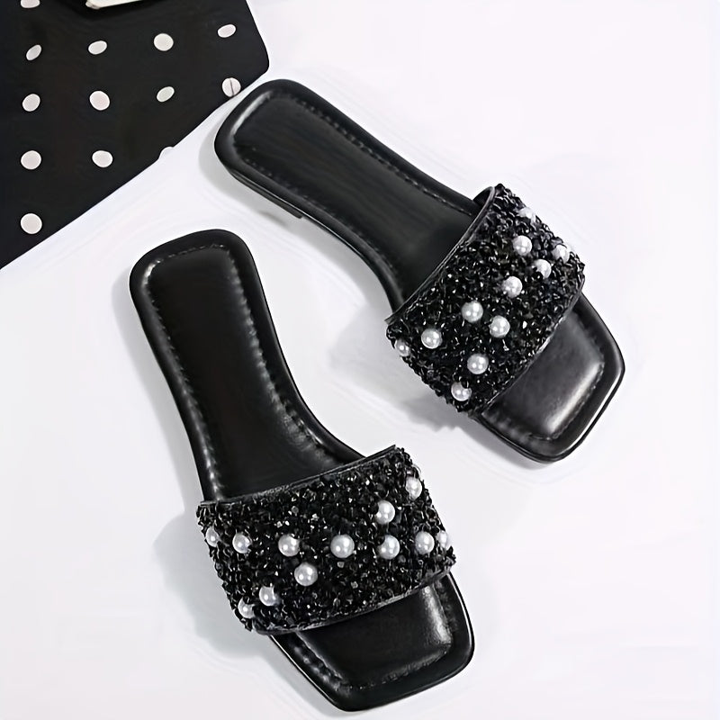 Women'S Elegant Black Pearl-Embellished Flat Sandals