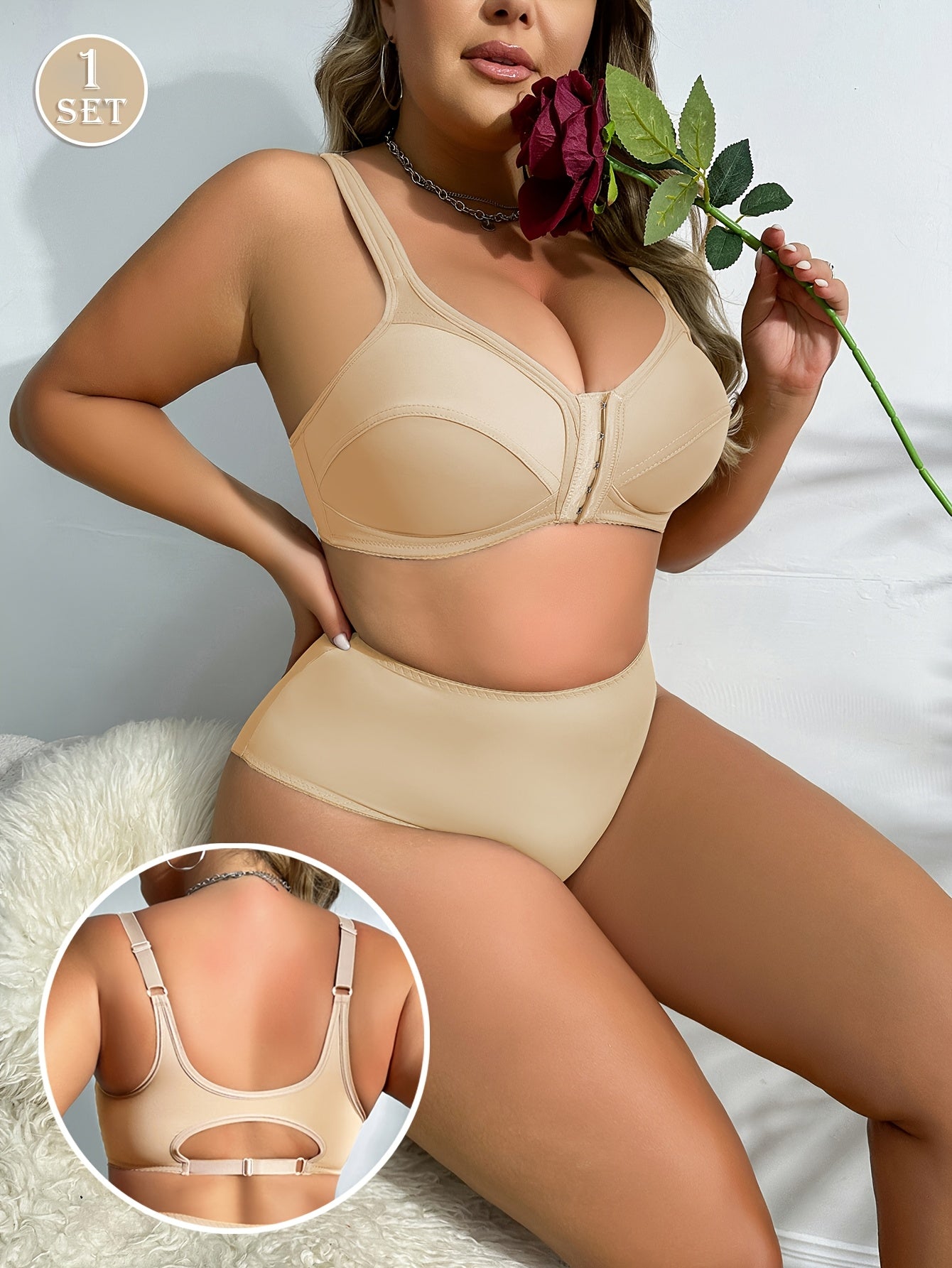 Plus Size Solid Color Non-Wired Front Opening Bra and Panty Set-2025#Set