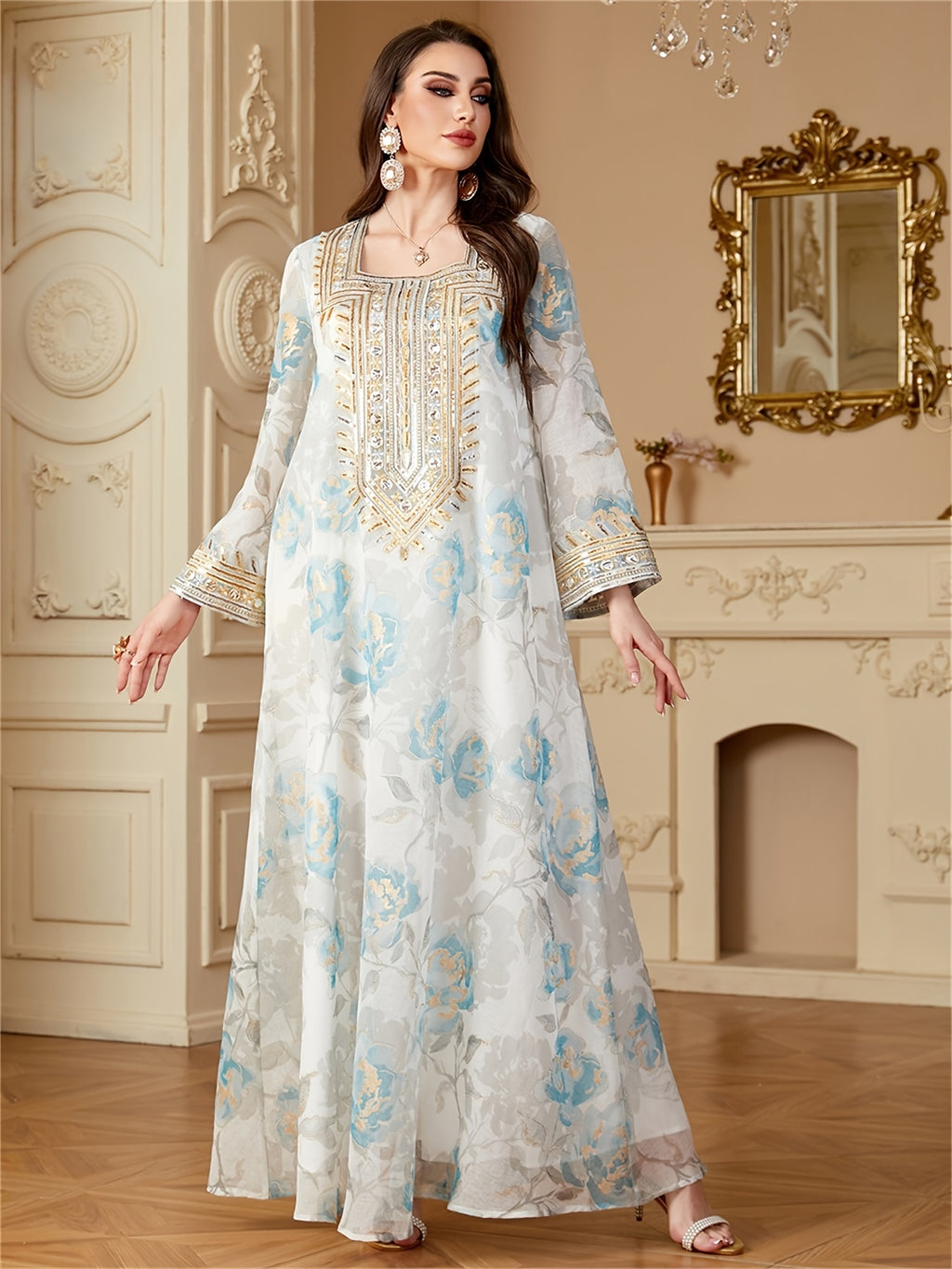 Floral Print Abaya Sequins Patchwork Loose Kaftan Elegant Dresses
