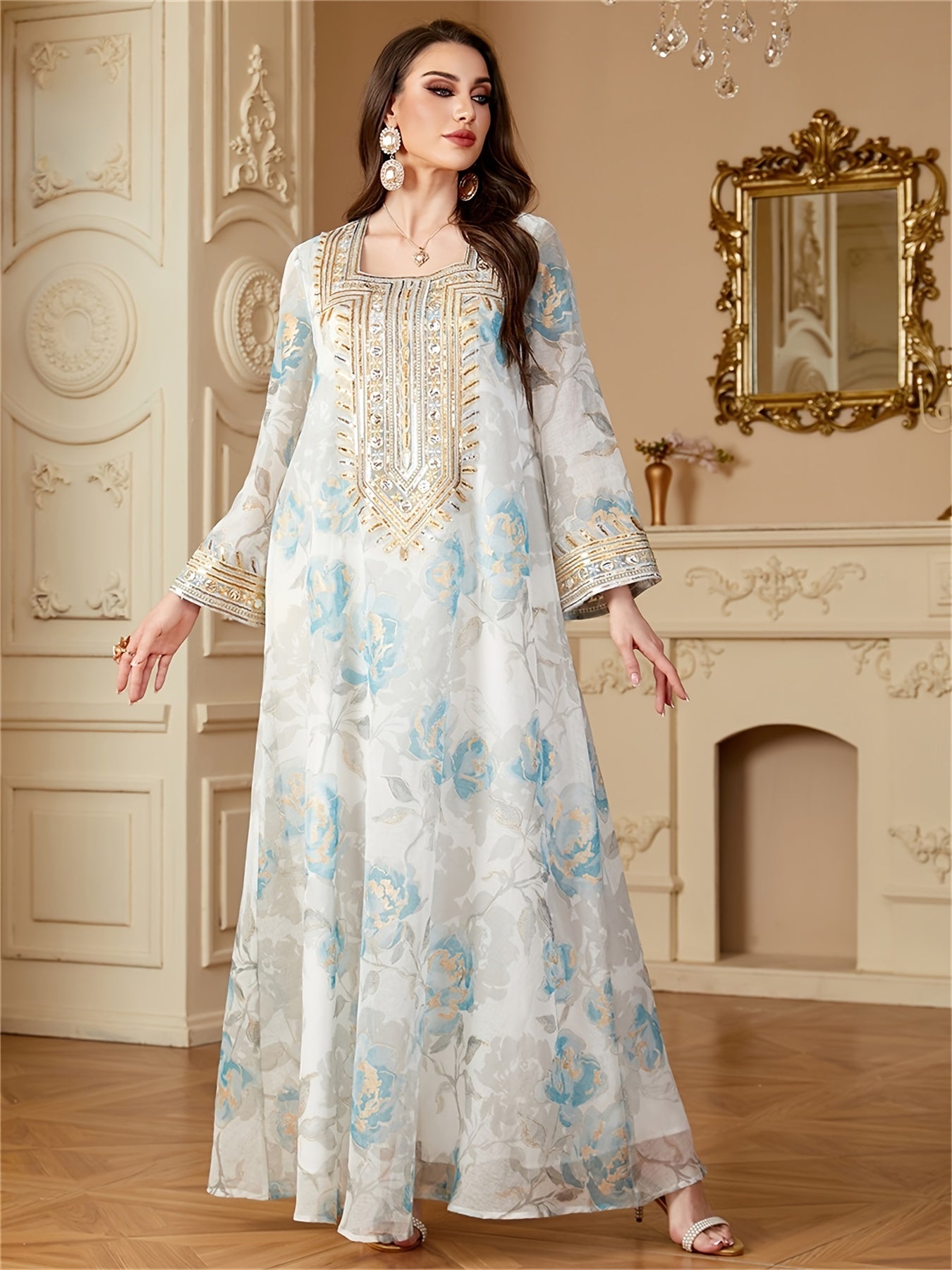 Floral Print Abaya Sequins Patchwork Loose Kaftan Elegant Dresses