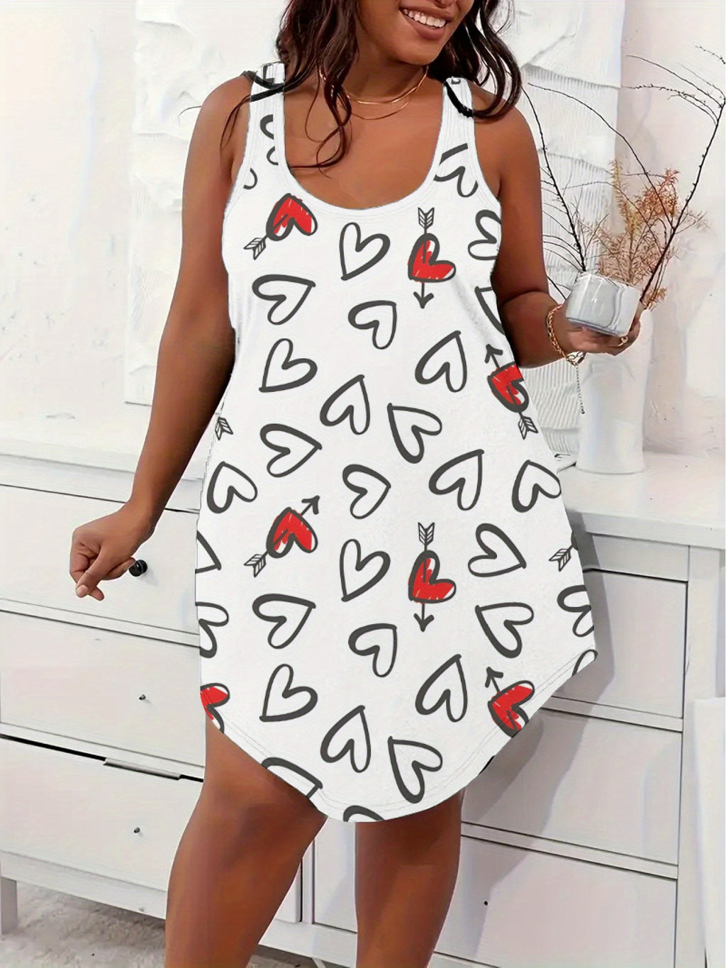 Plus Size Women'S Casual Slip Dress - Soft & Smooth Fabric, Heart Print Sleeveless Tank Dress, Easy Wear for All Seasons, Comfortable