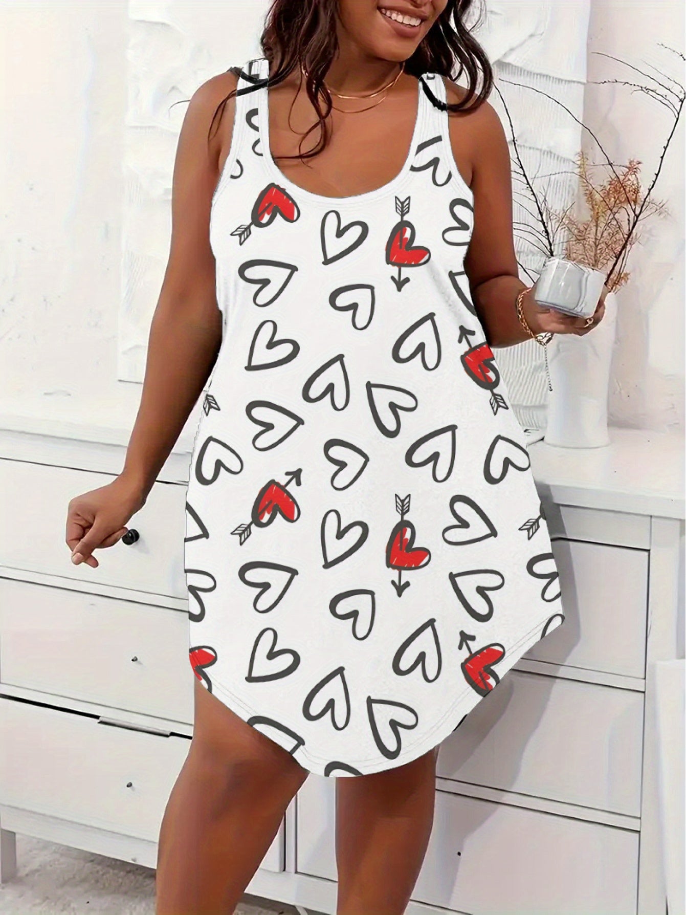 Plus Size Women'S Casual Slip Dress - Soft & Smooth Fabric, Heart Print Sleeveless Tank Dress, Easy Wear for All Seasons, Comfortable