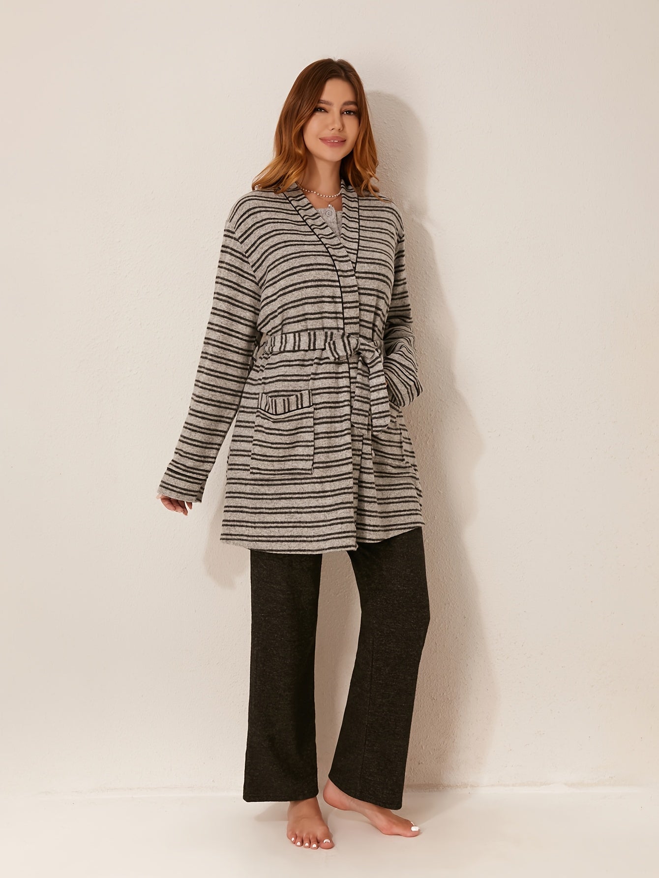 Women's 3pcs Winter Bathrobe Robe & Pants Suit Set