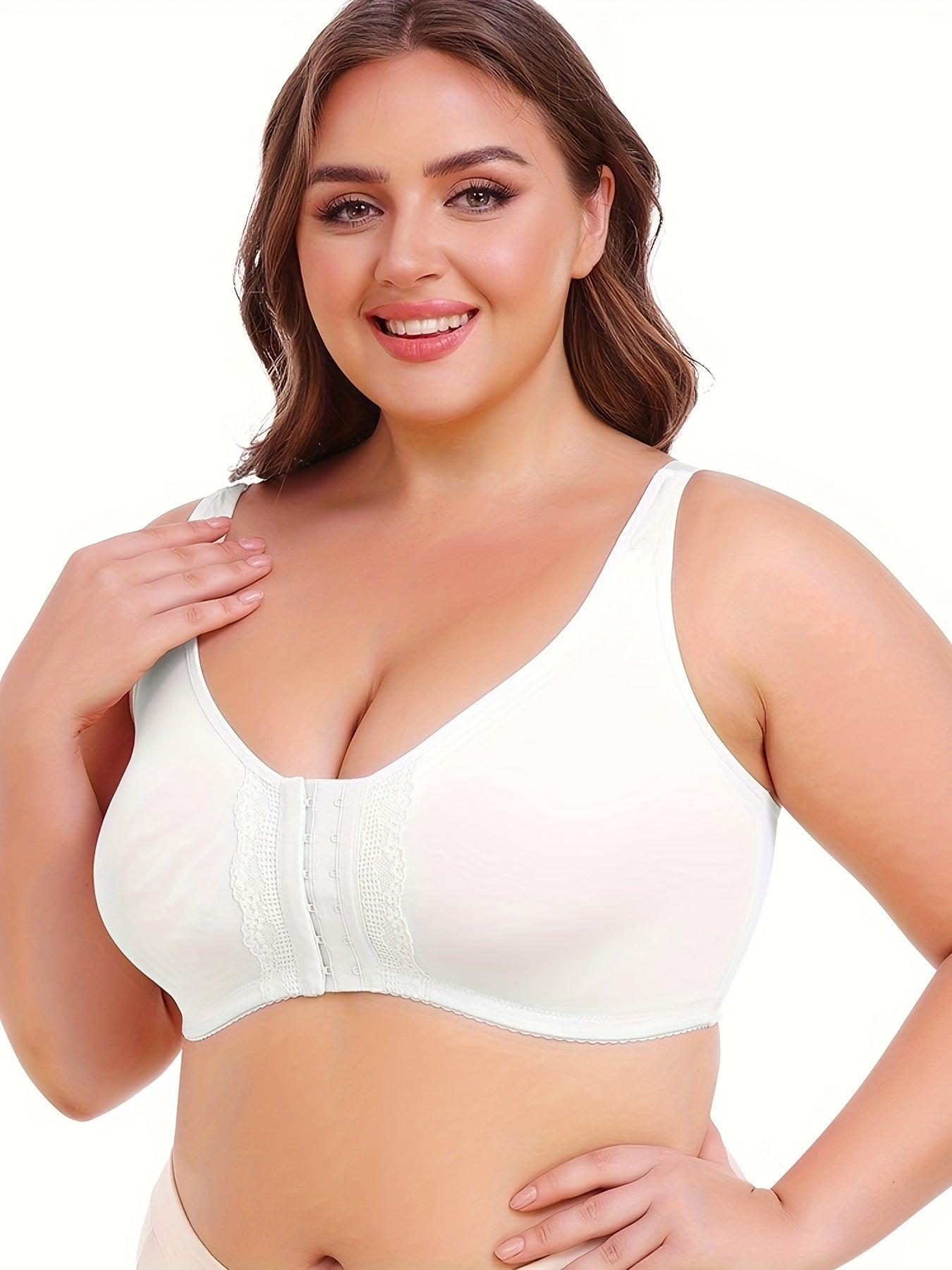 Plus Size Women's Front-Opening Sports Bra, V-Neck, Stretchy Polyester, Solid Color with Lace Detail, No Padding, Low Support, Knit Fabric, for