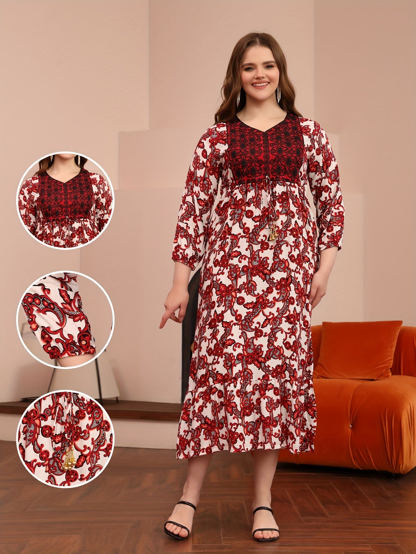 Elegant Floral Print Midi Dress with Beaded Tie-Waist and Ruffle Hem