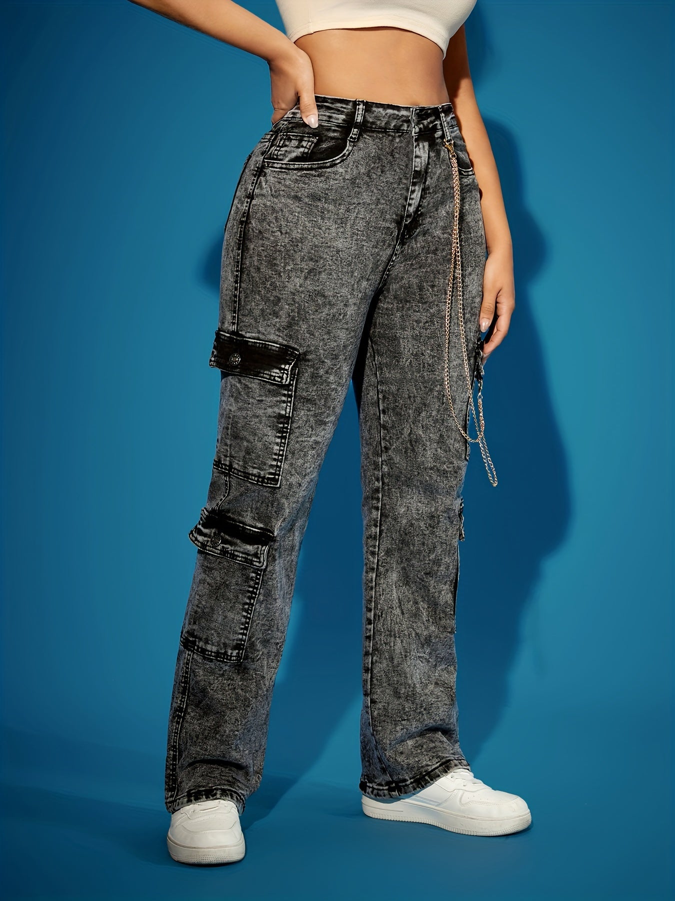 High-Waist Stretch Denim Cargo Pants for Women