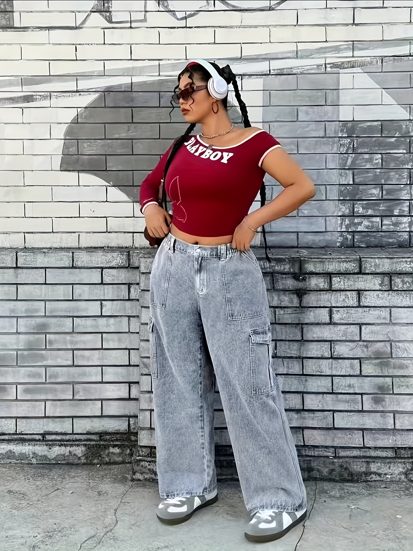 Women's Plus Size Light Blue Cargo Jeans - High-Stretch Denim with Pockets, Casual Style