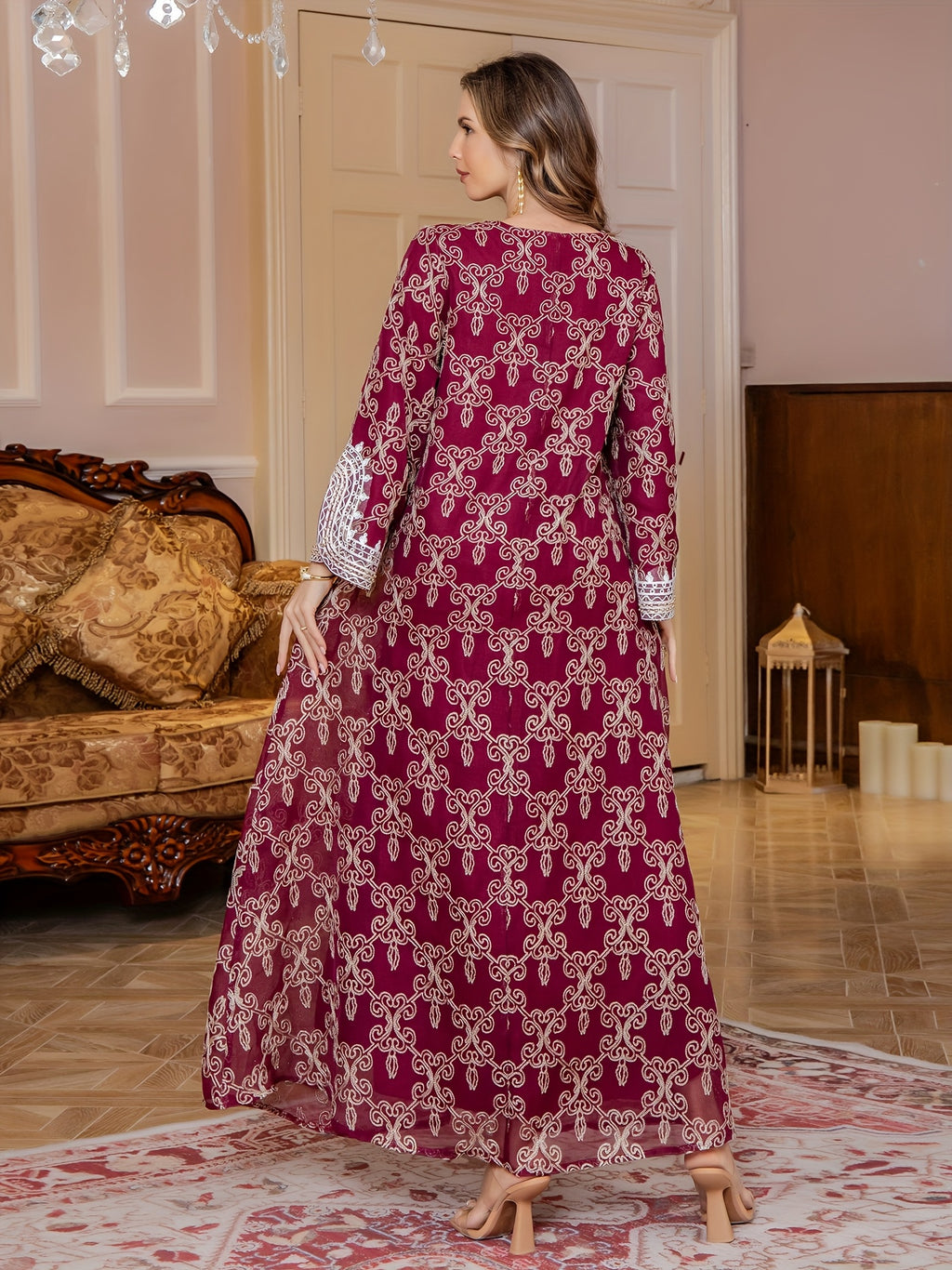 Middle Eastern Embroidered Abaya Long Robe, Light Luxury Evening Gown Two-Piece Dress for Women