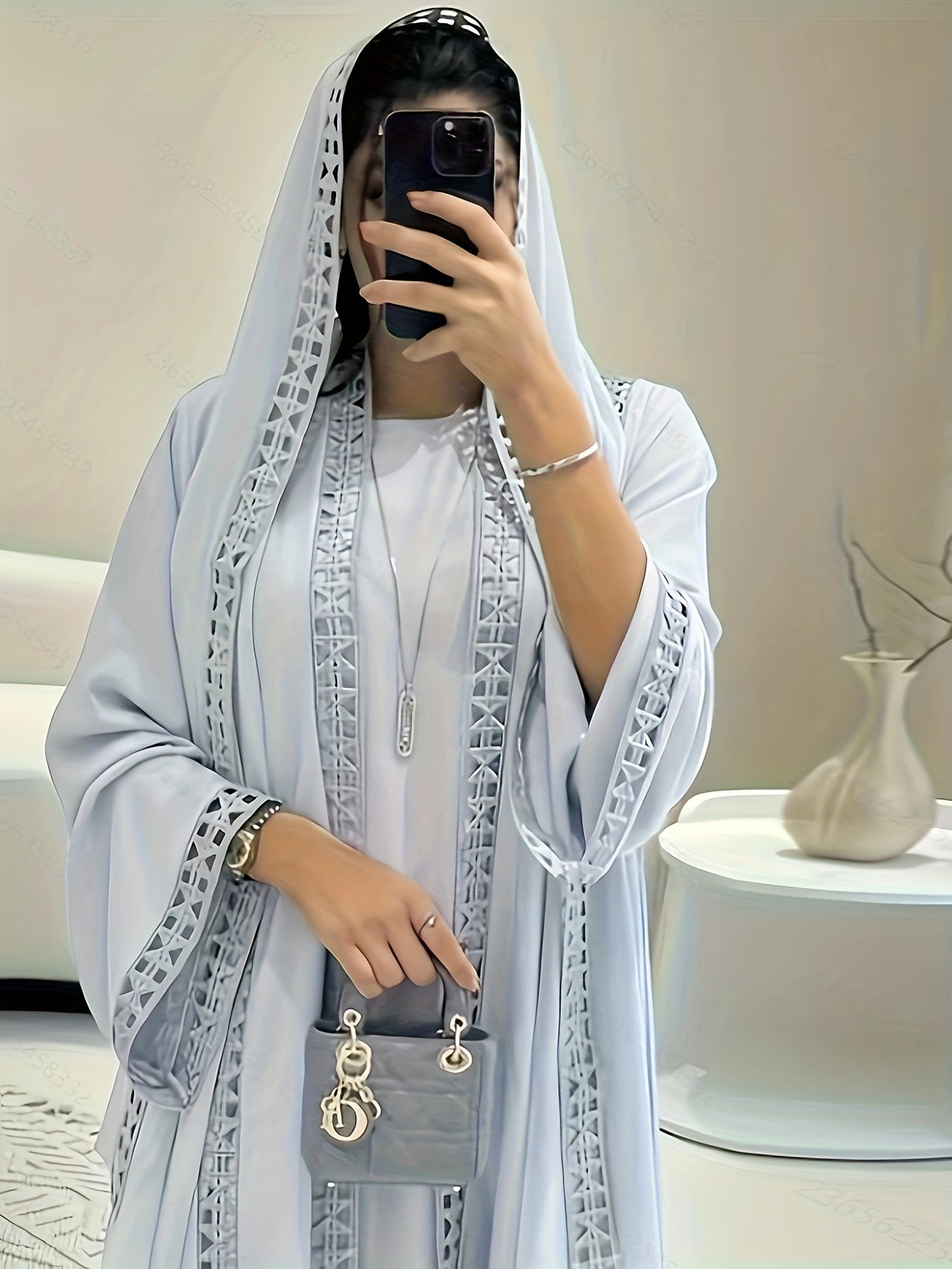 Elegant Open Long Robe Set with Lace Trim, Sleeveless Underwear Skirt and Chiffon Headscarf