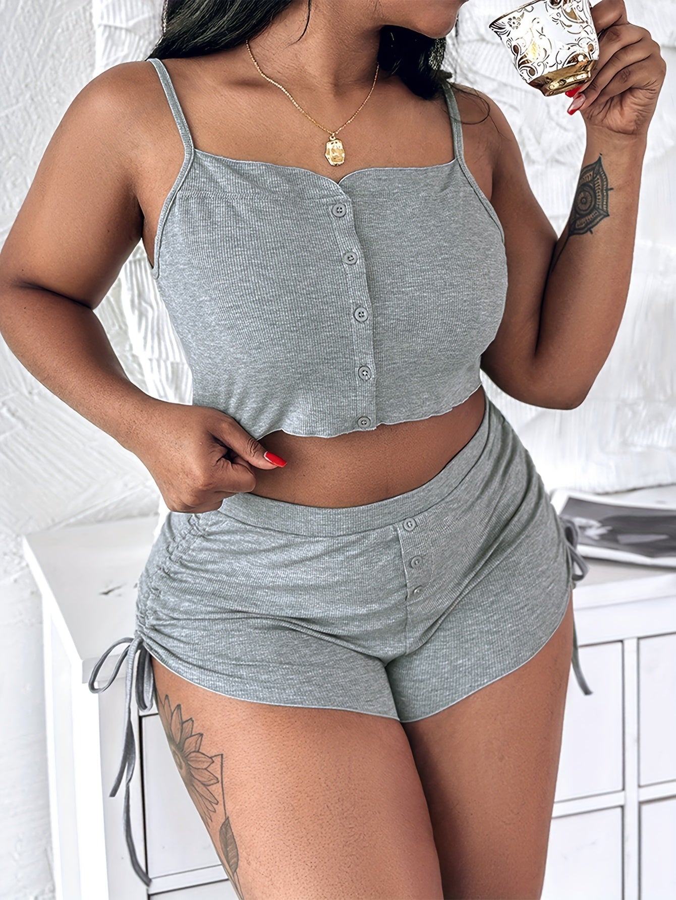 Solid Color Drawstring Pleated Home Set,