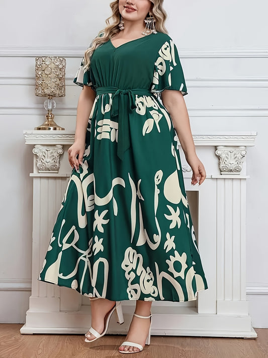 Elegant Short Sleeve V Neck Longline Dress With Belt