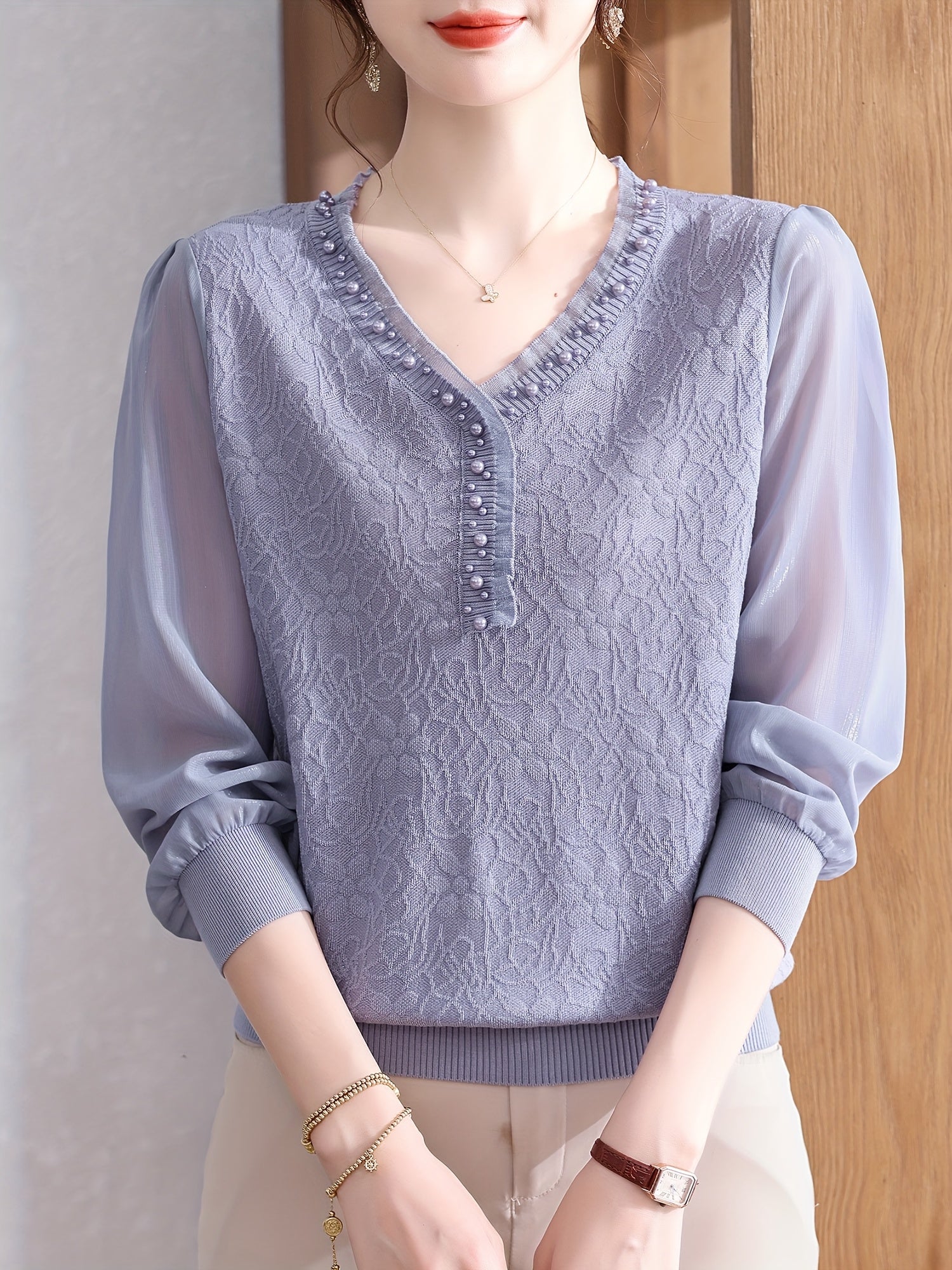 Women's Lightweight V-Neck Blouse with Beaded Detail