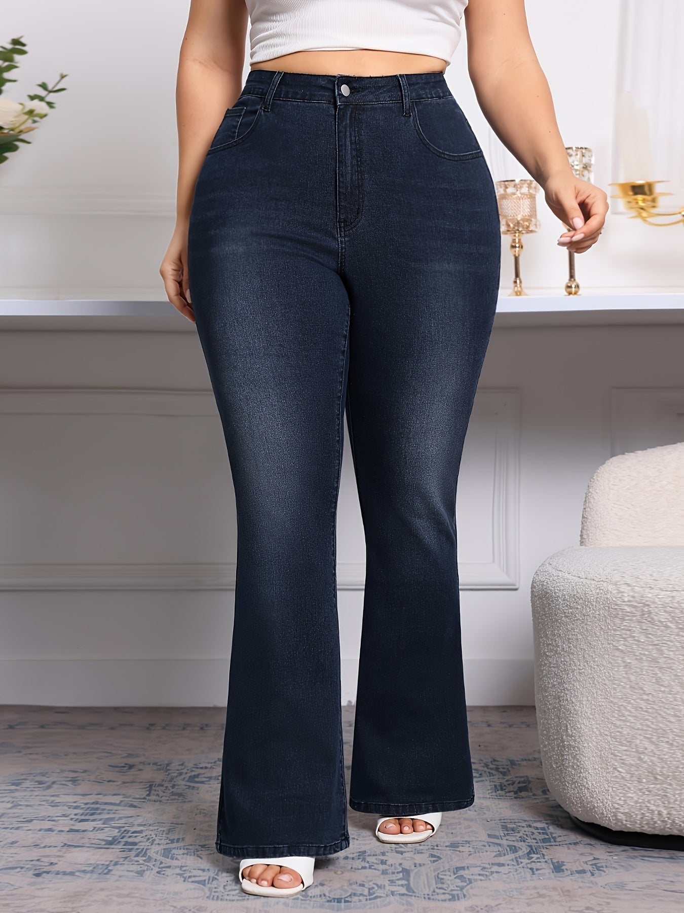 Flare Leg Plain Washed Casual Style Zipper Button Pants