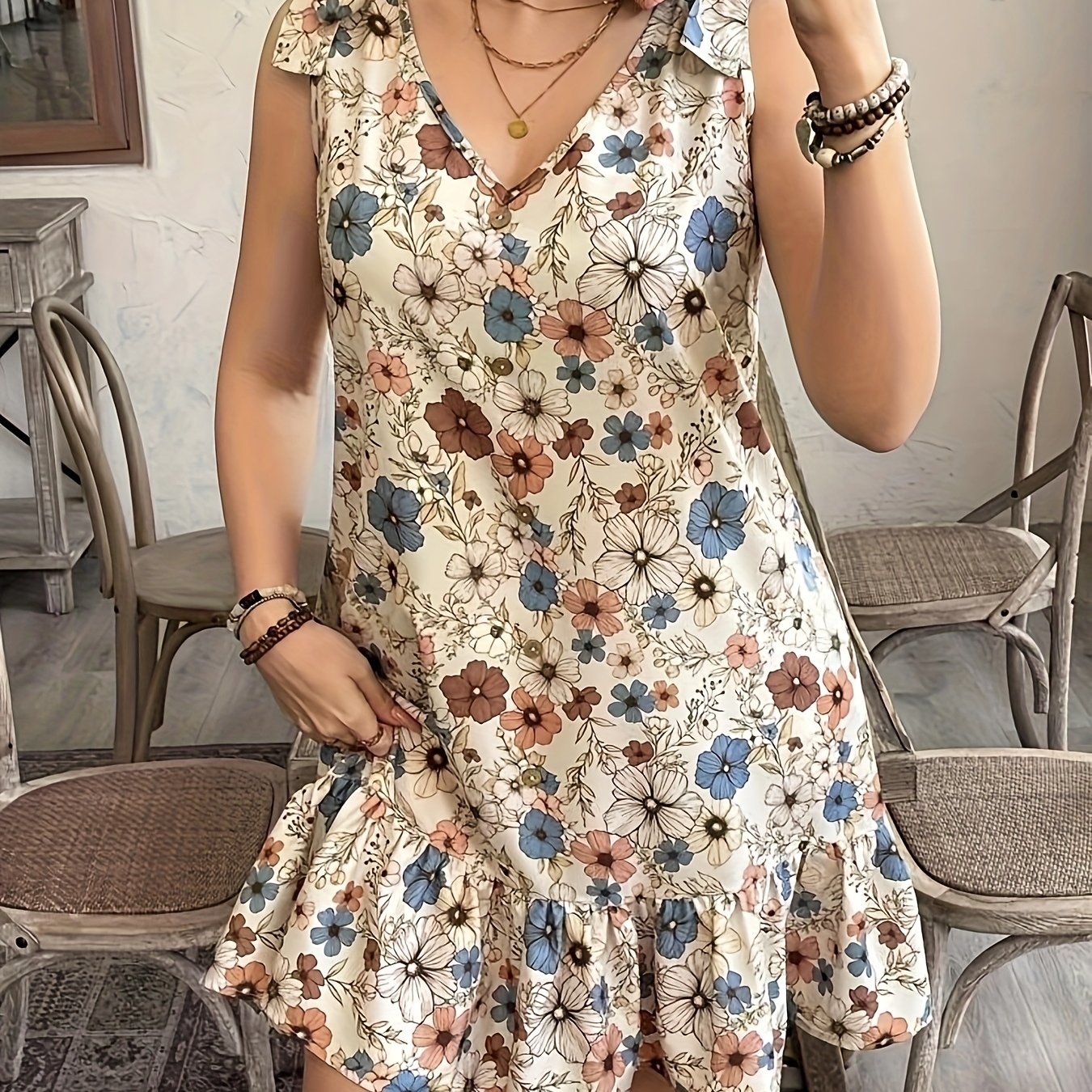 Floral V-Neck Sleeveless Light Weight Dress with Ruffled Hem & Button Details