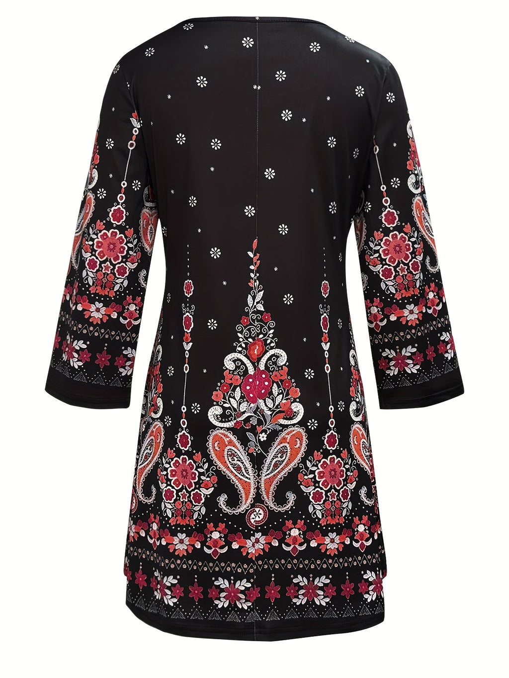 Vintage Paisley Print V-Neck Peplum Dress with Three-Quarter Sleeves