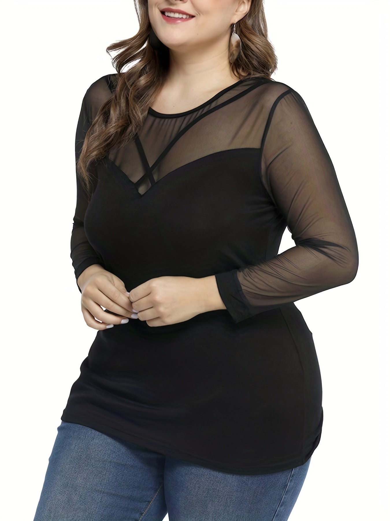 Women's Elegant Mesh Panel Long Sleeve Blouse