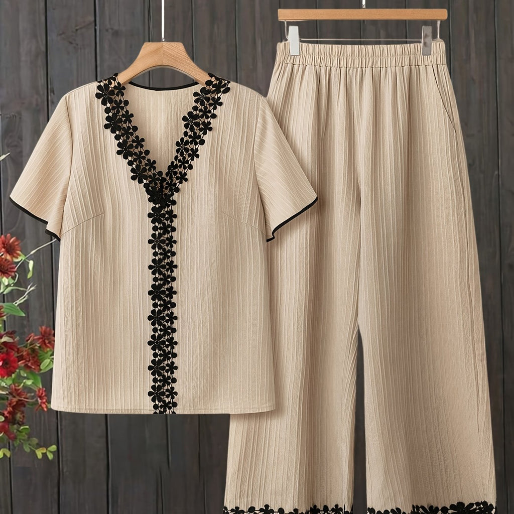 Spring/Summer New Texture Striped Patchwork Lace Solid Color V-neck Short Sleeve Straight Pants