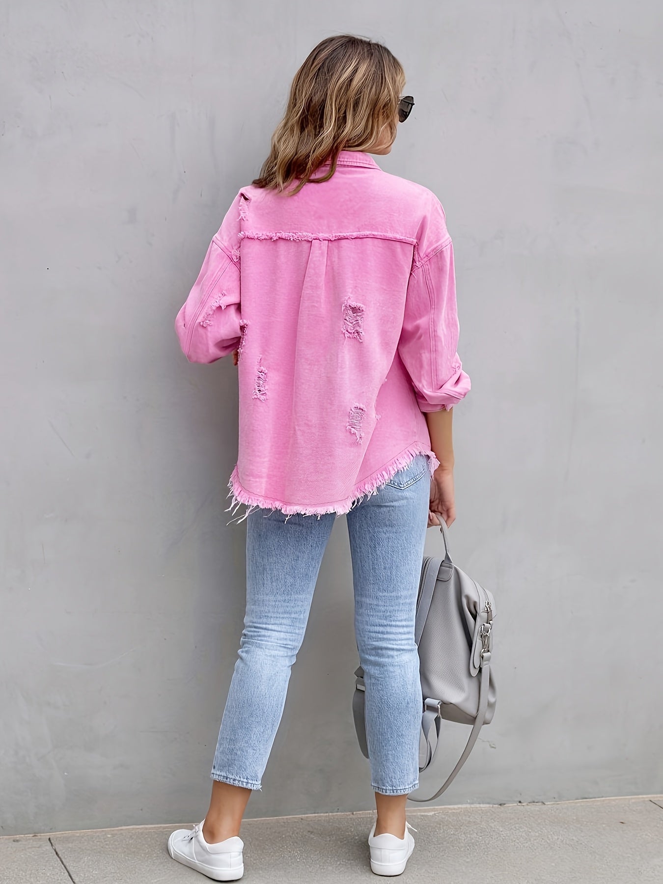 Casual Women's Pink Denim Long Shirt Jacket Perfect for Spring/Summer