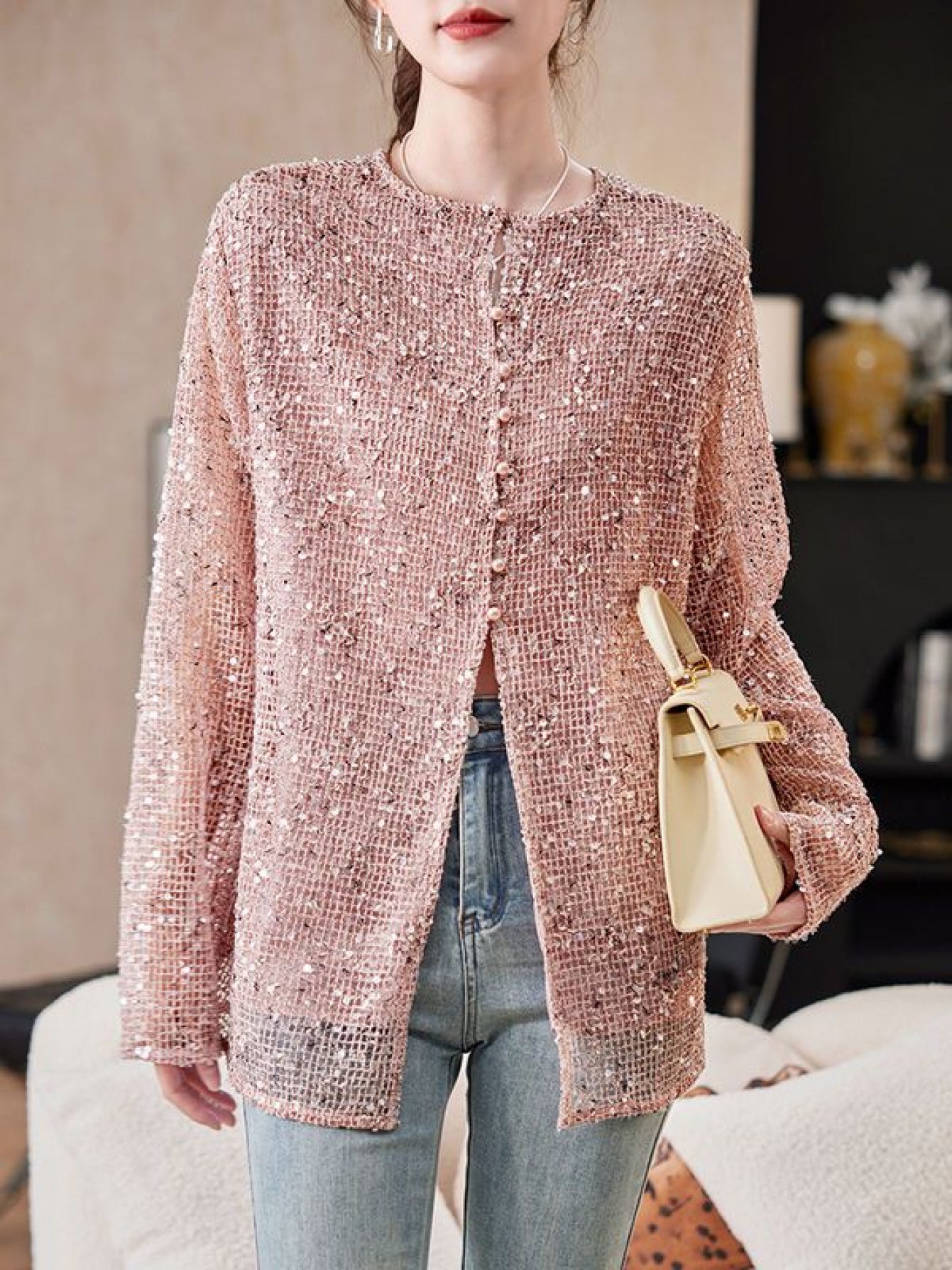 Women's Elegant Sequin Chiffon Blouse - Reversible Round Neck Top