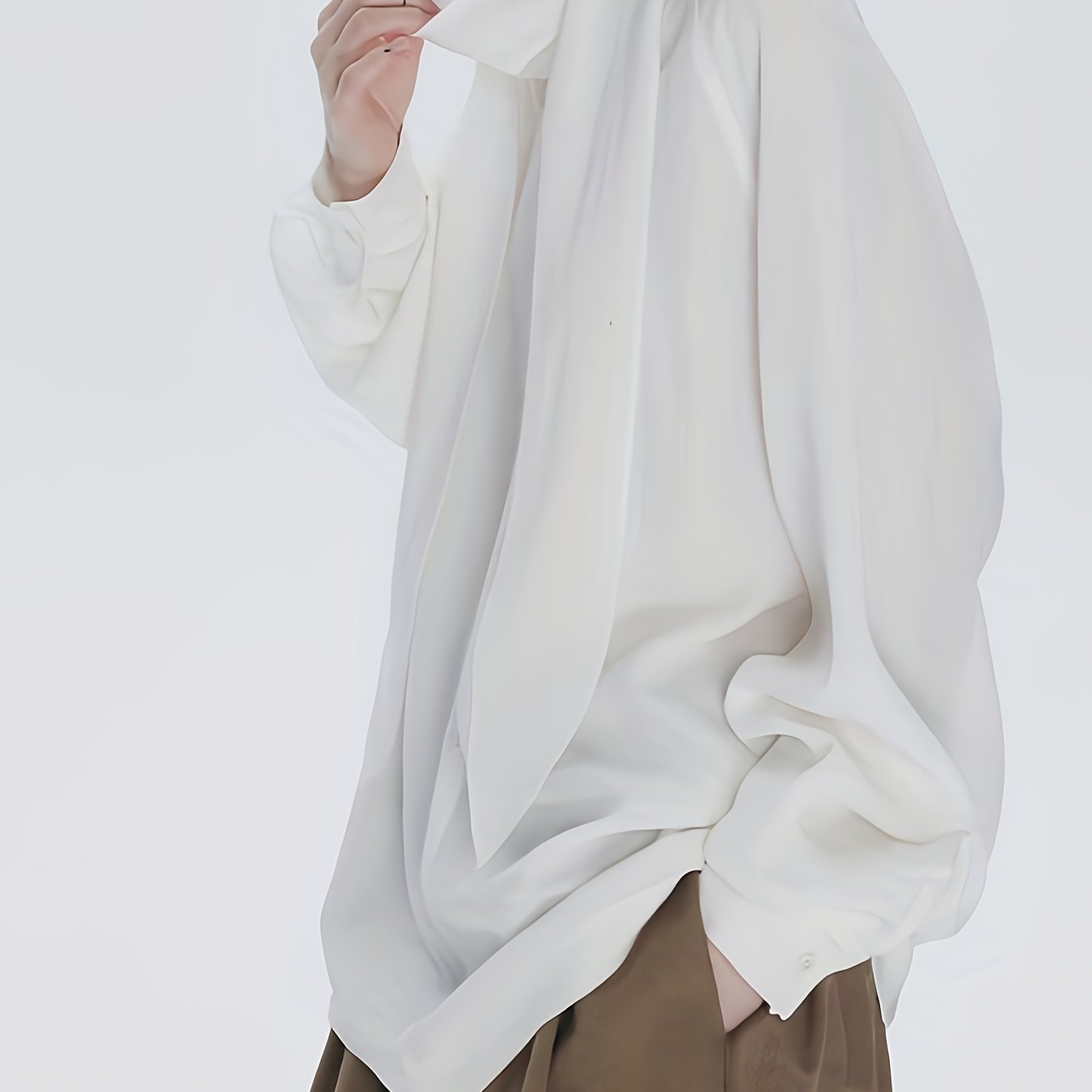 White Scarf Collar/Bow Tie Shirt - Long Sleeve Loose Fit Button- Blouse