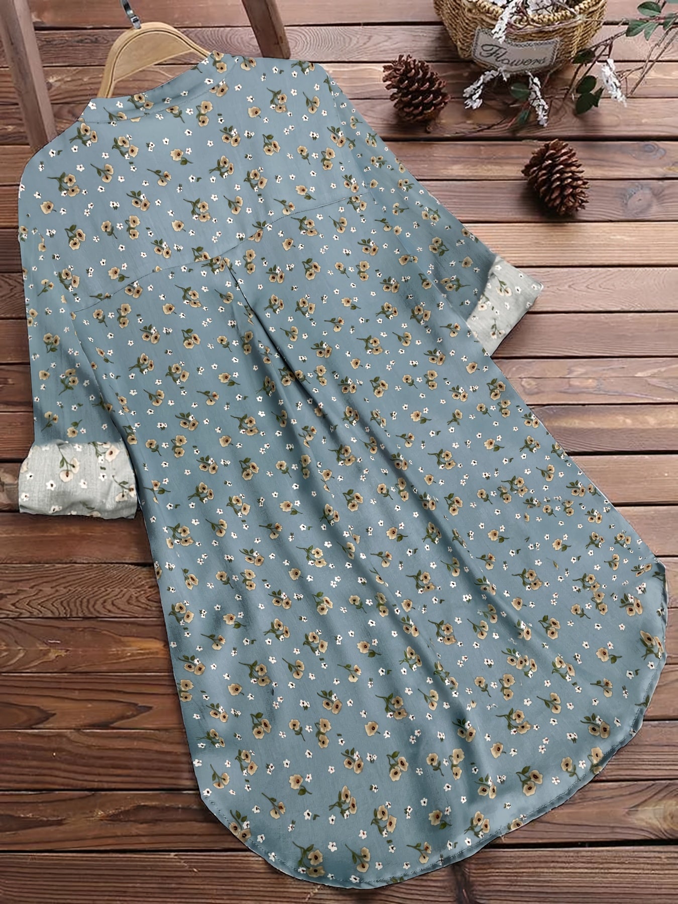Floral Print Women's Blouse, Long Sleeve Round Neck