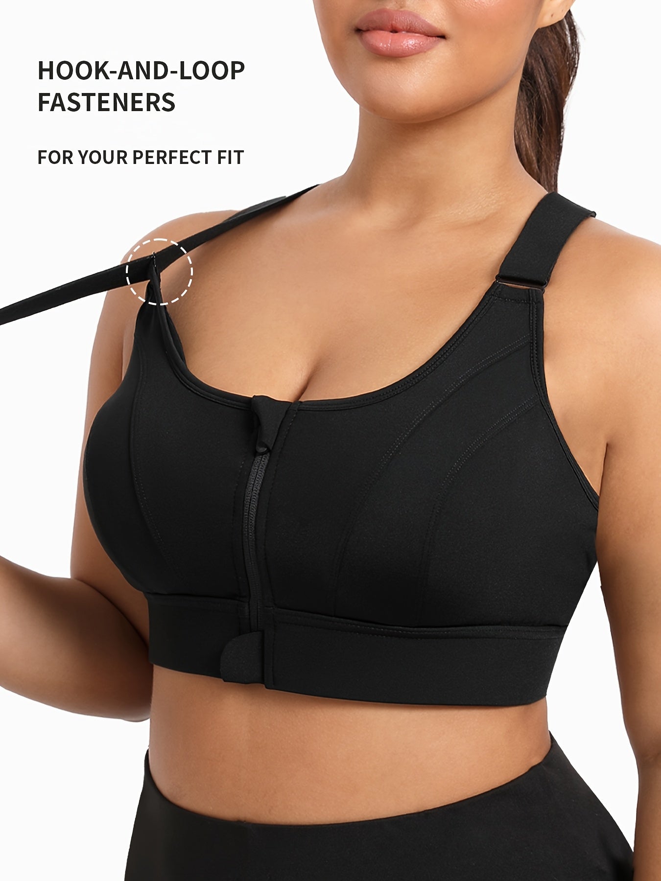 Women's Plus Size Black Sports Bra - Comfort Fit, Adjustable Straps, Front Zipper
