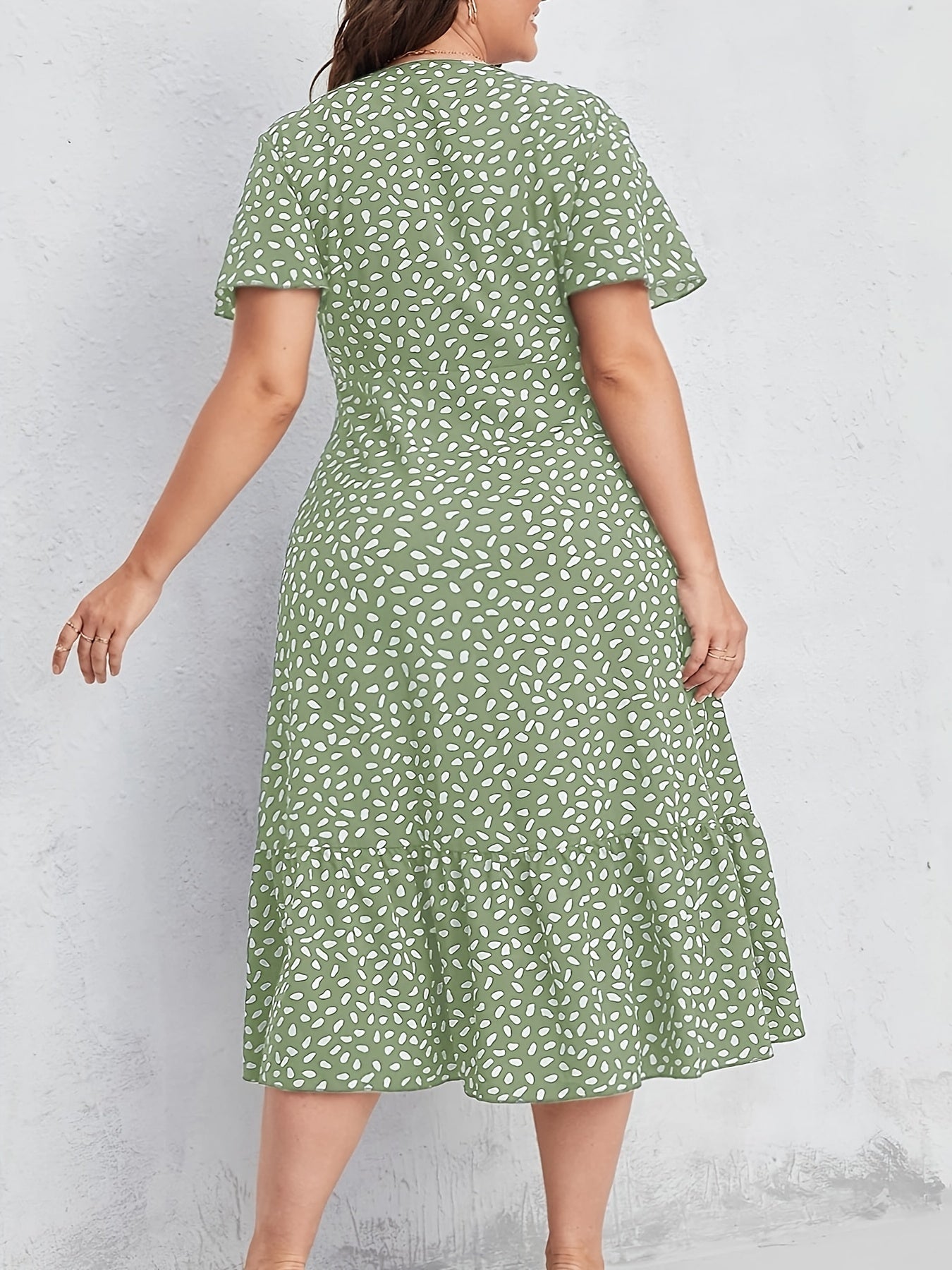 Women'S Plus Size Green Floral Print Dress - Short Sleeve