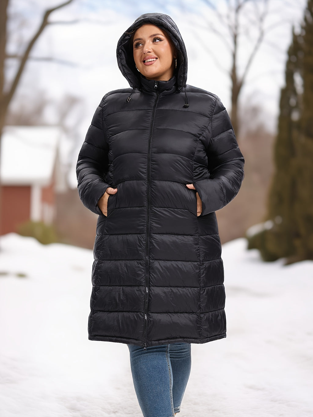Plus Size Women's Elegant Burgundy Winter Coat with Hood - Long Jacket, Zippered Pockets & Detachable