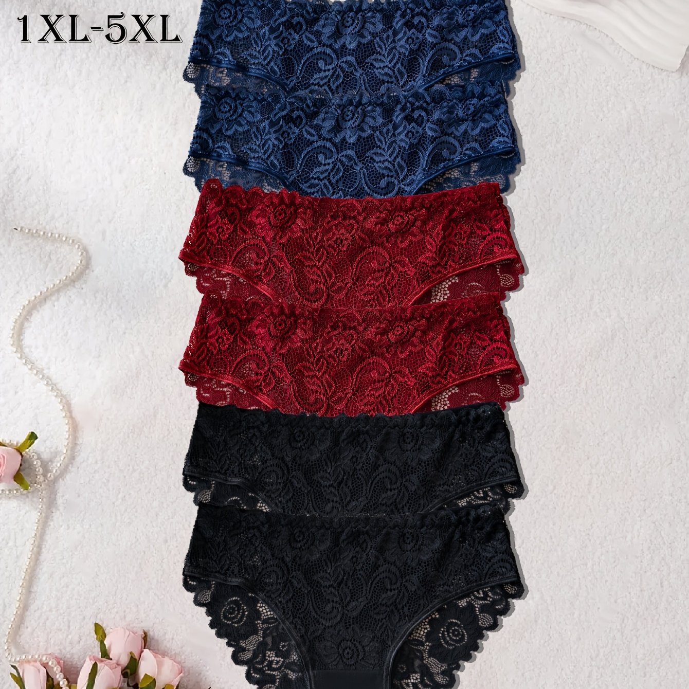 Plus Size Pure Color Romantic Lace Briefs 6pcs - Comfortable Mid Waist Sheer Panty Set