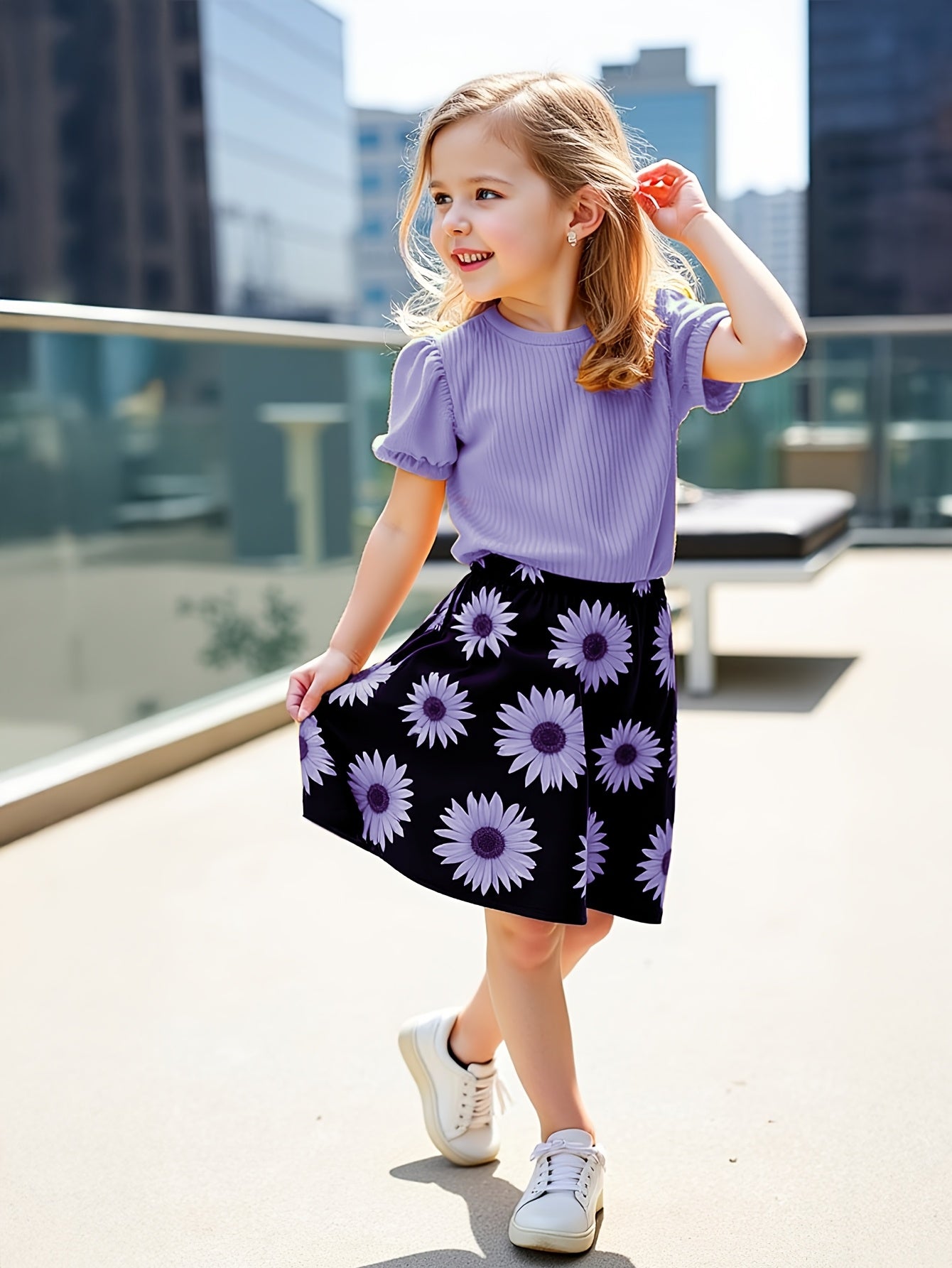 Girls' Sunflower Print Short Sleeve Top + Skirt Set