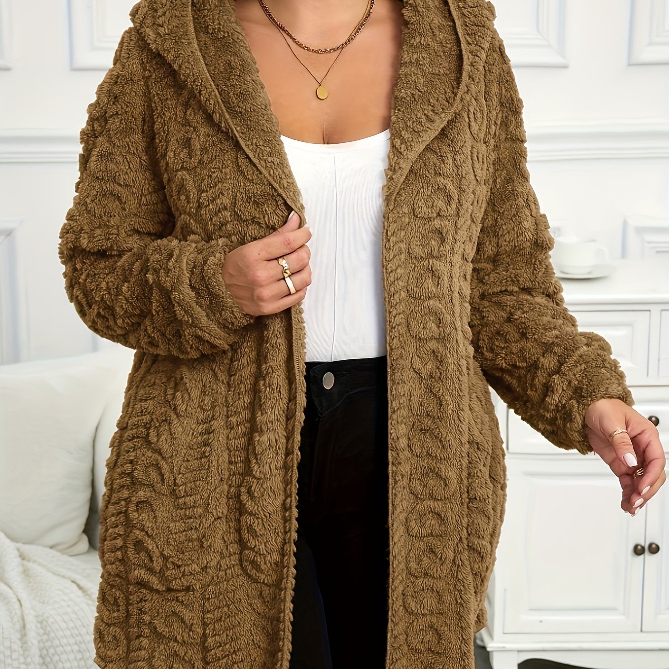 Plus Size, Autumn and Winter Warm Fashion Casual Plush Hooded Cardigan Jacket