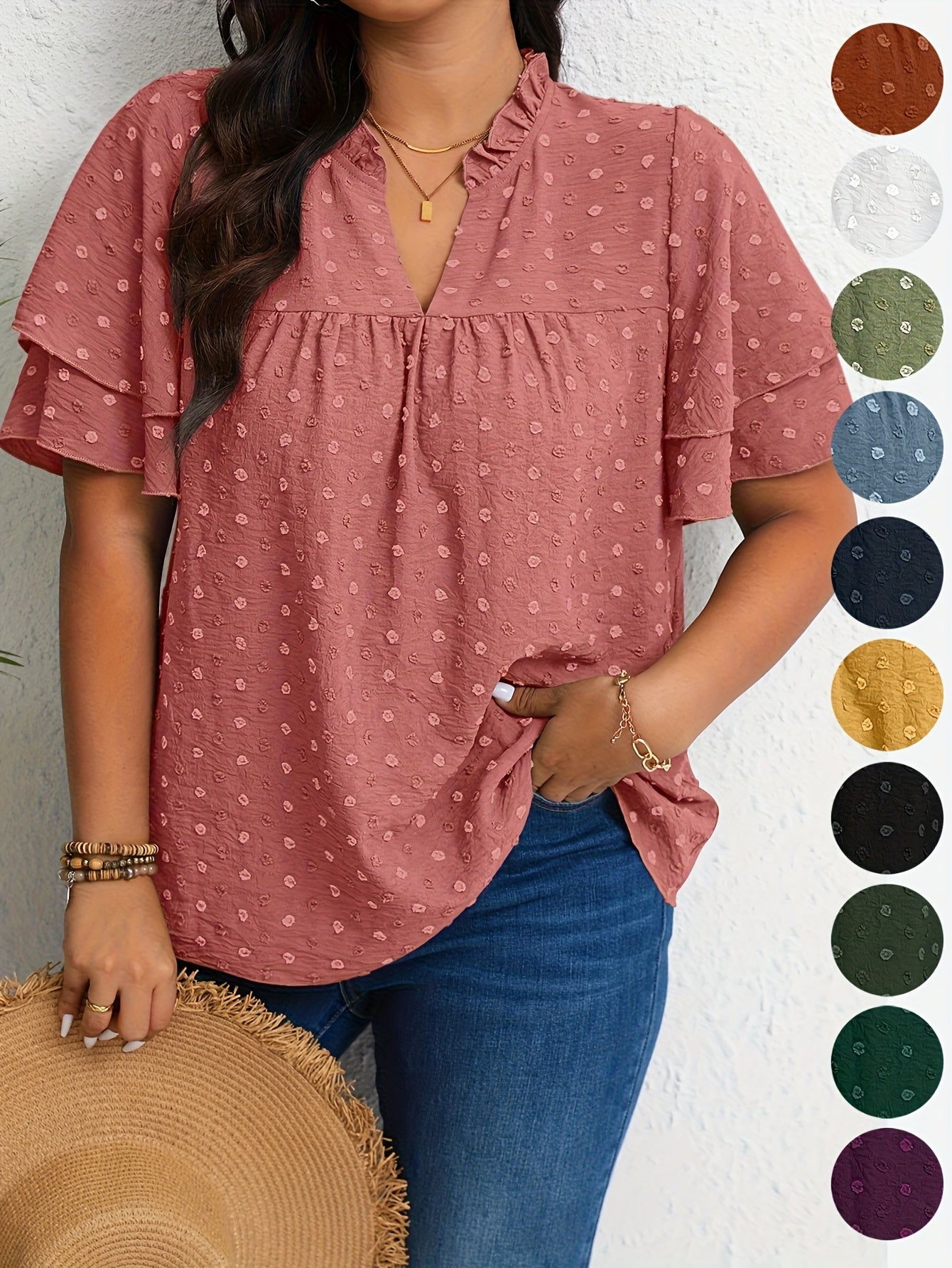 Plus Size Women's Casual V-Neck Blouse with Ruffled Short Sleeves