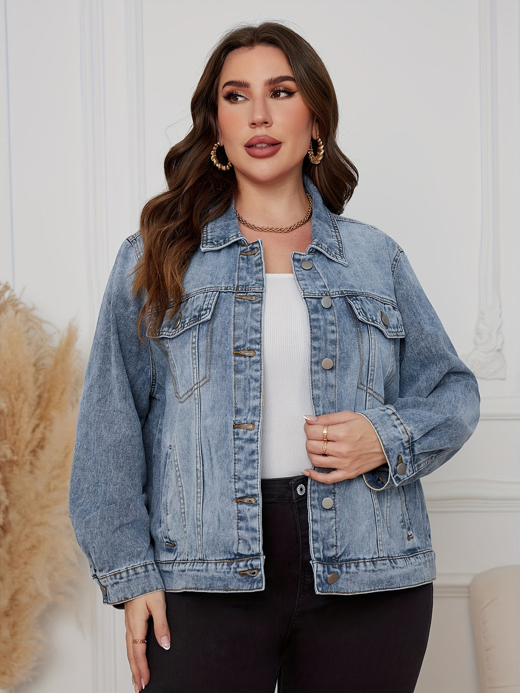 Plus Drop Shoulder Denim Jacket for Women
