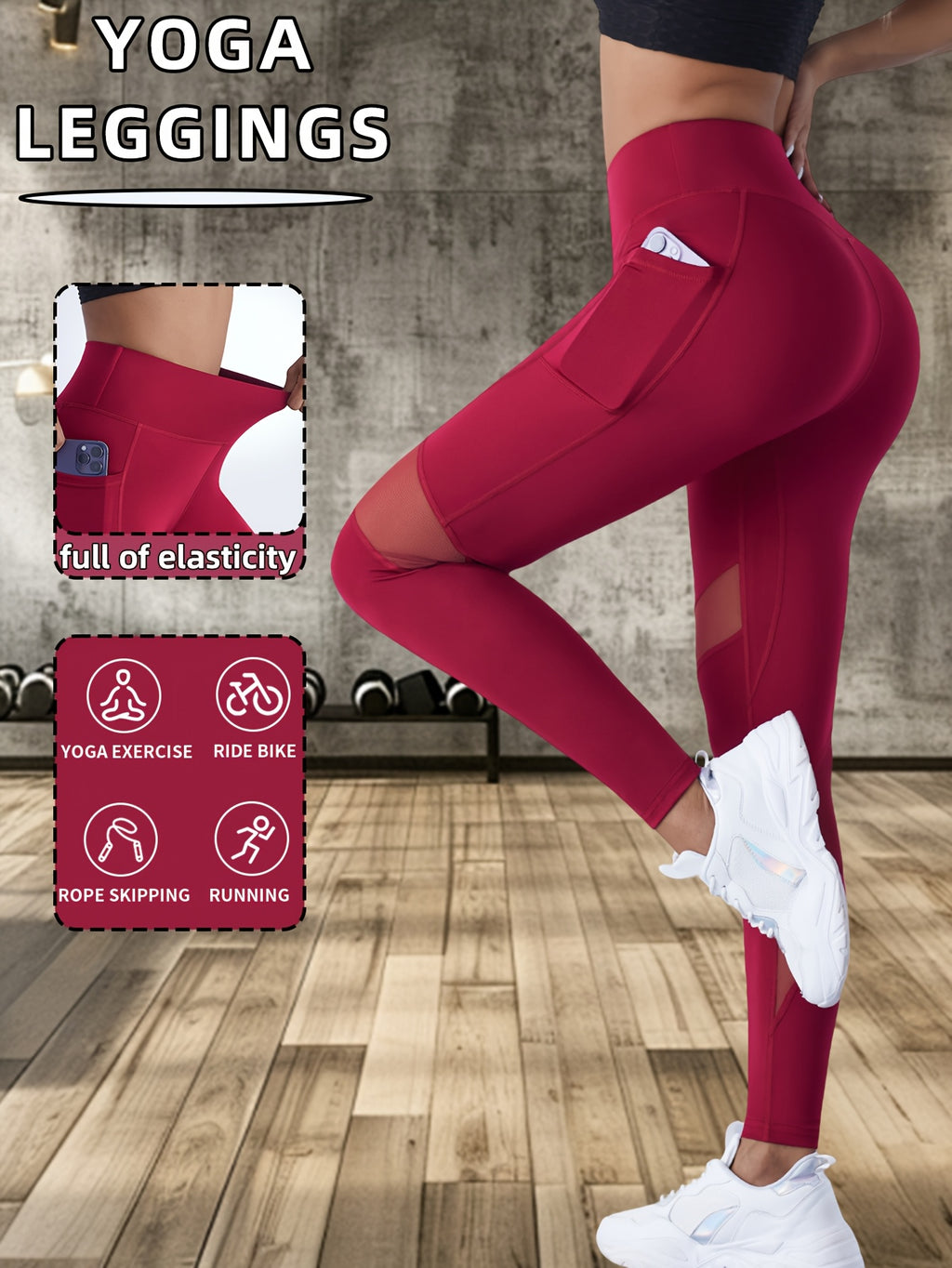 Women's High-Waisted Red Yoga Leggings with Mesh Panel Full Elasticity