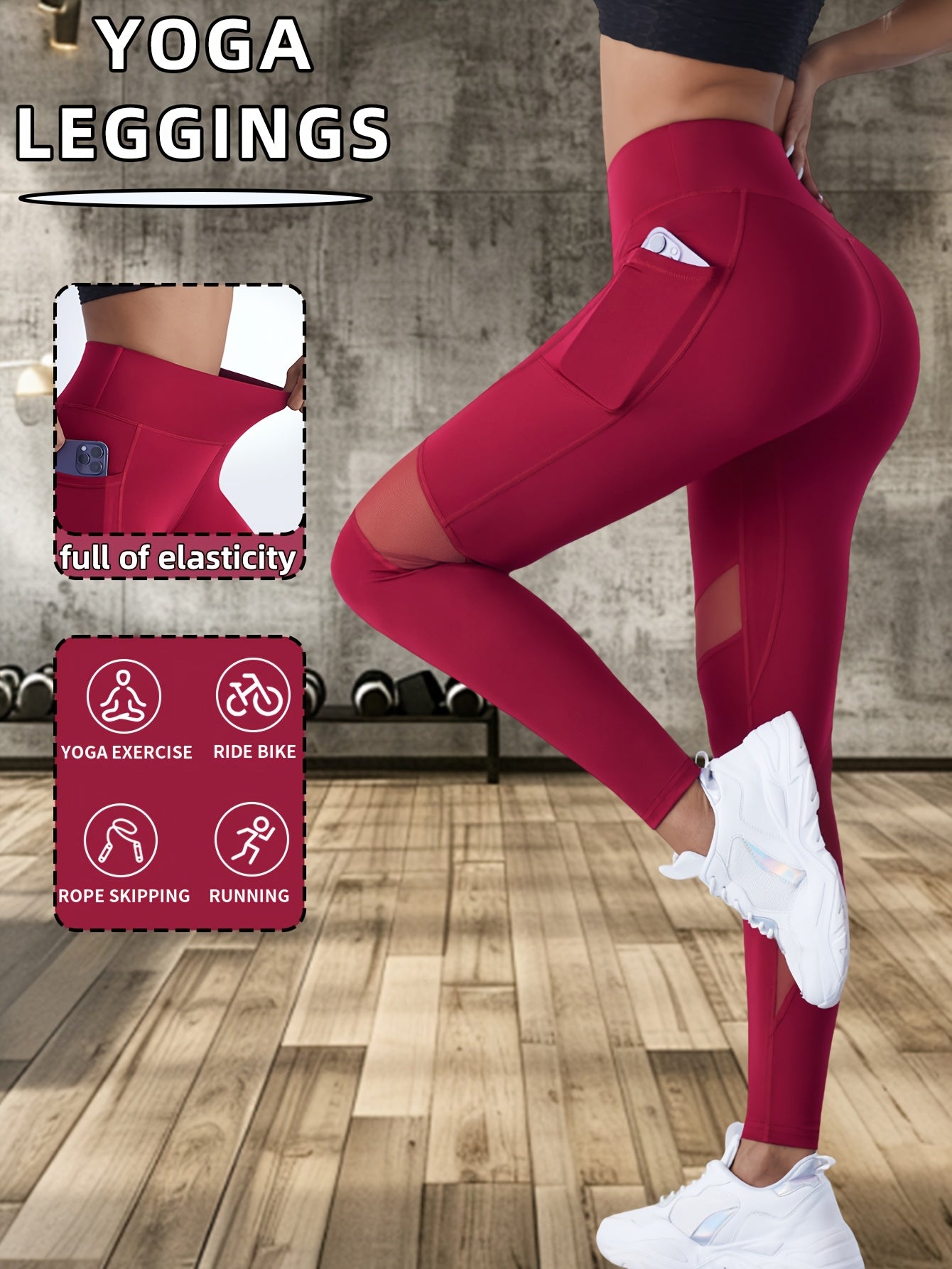Women's High-Waisted Red Yoga Leggings with Mesh Panel Full Elasticity