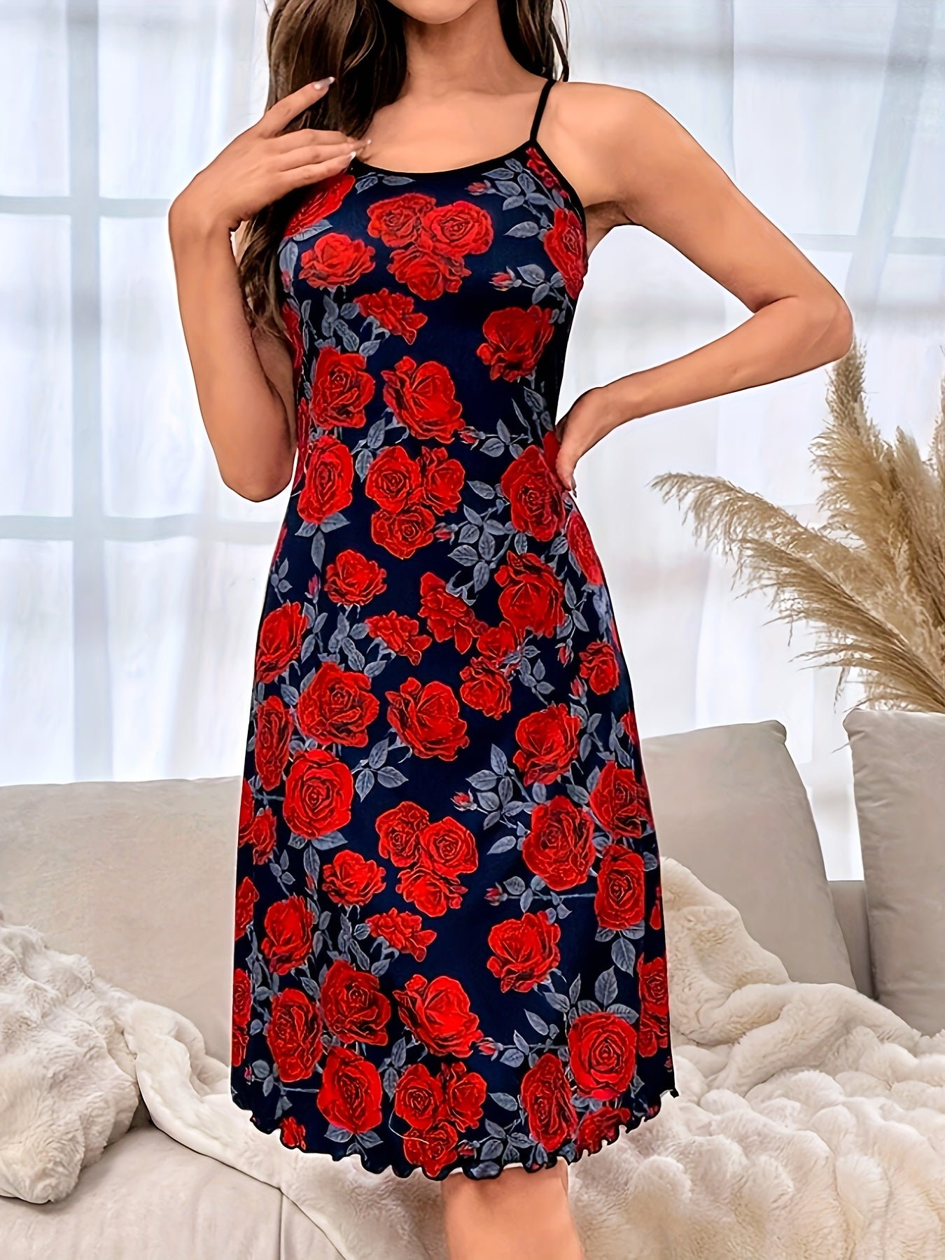 Women's Frill Trim Lounge Dress, Rose Print