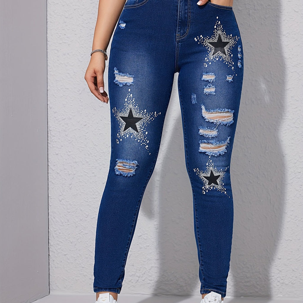 Star Pattern Ripped Holes Skinny Jeans for Women