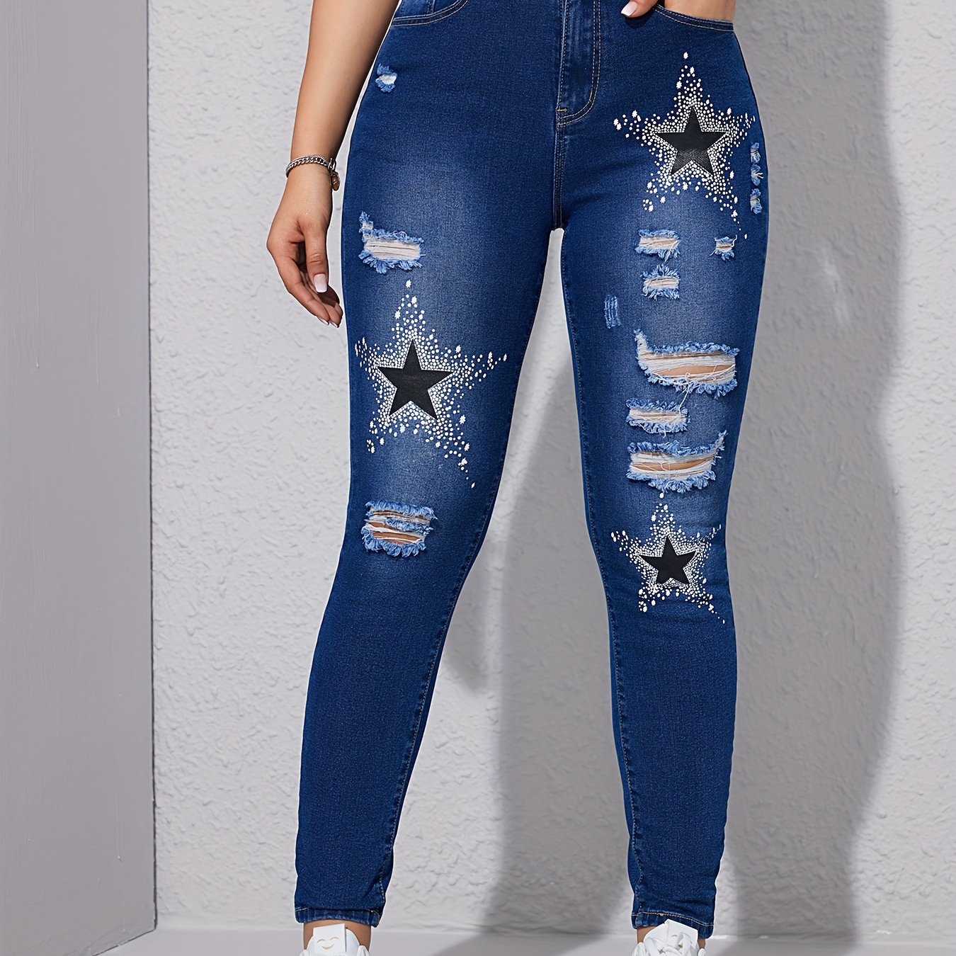 Star Pattern Ripped Holes Skinny Jeans for Women