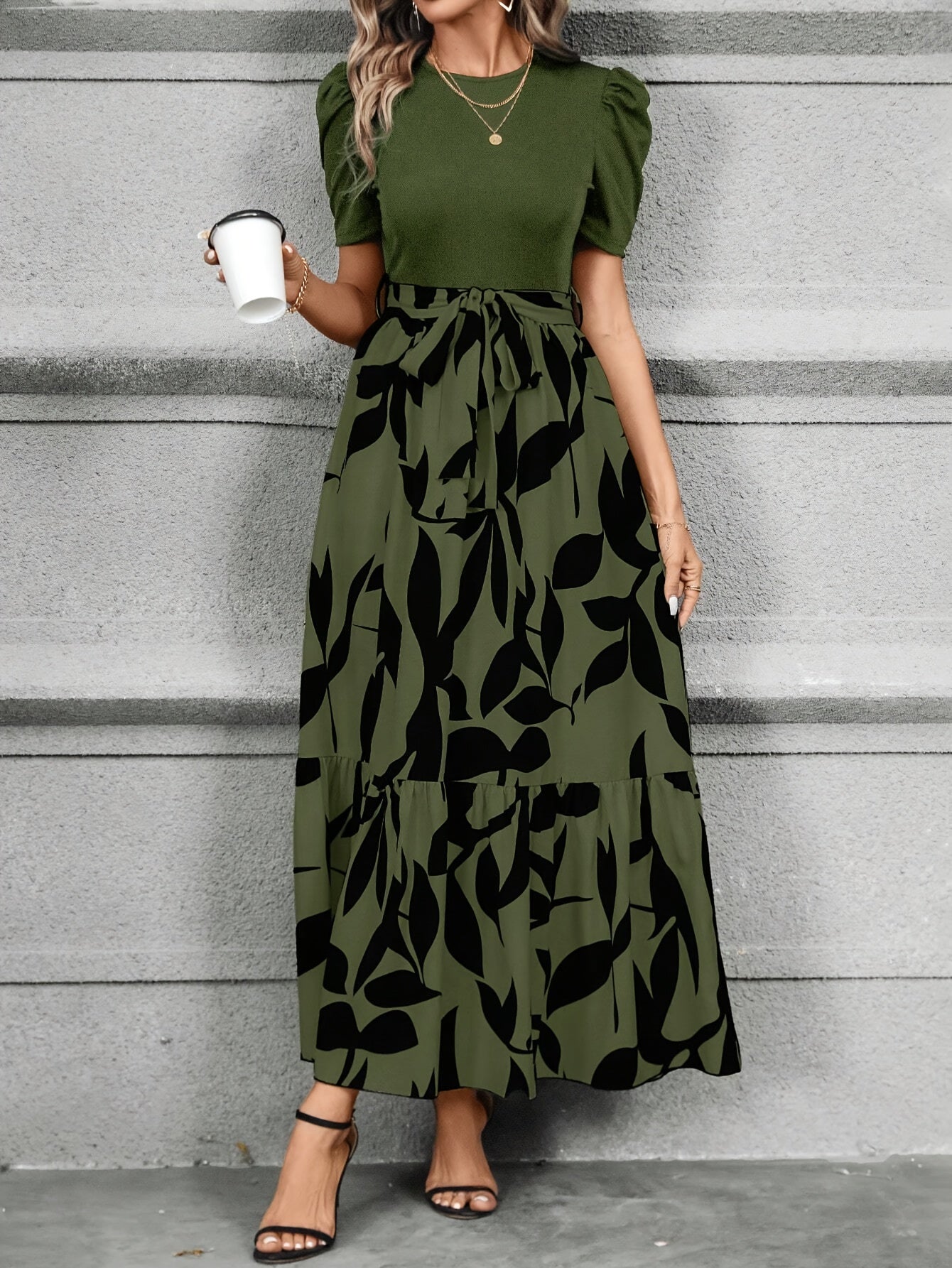 Print Midi Dress with Belt Short Sleeve