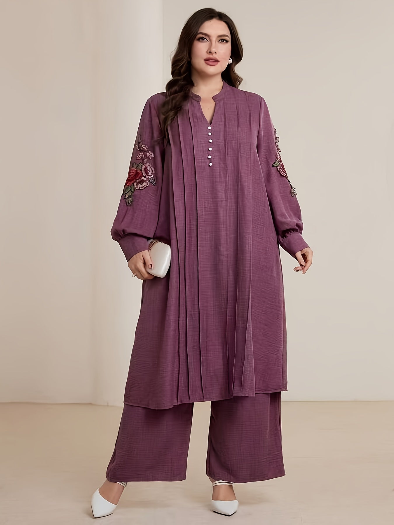 Plus Size Women's Elegant Embroidered V-Neck Long Sleeve Dress and Loose Pants Two-Piece Set