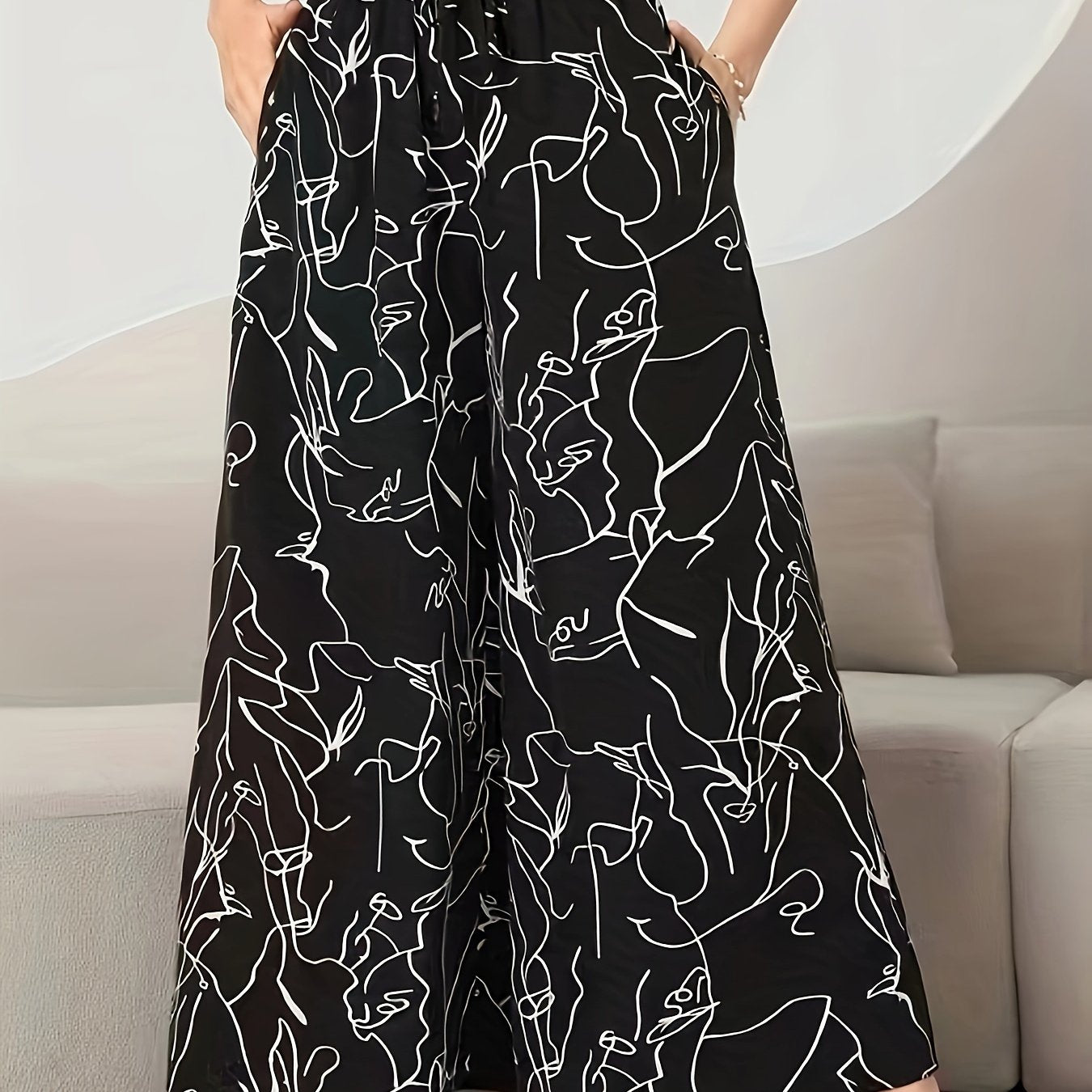 Elegant Wide Leg Pants with Pockets, Loose Drawstring, Popular