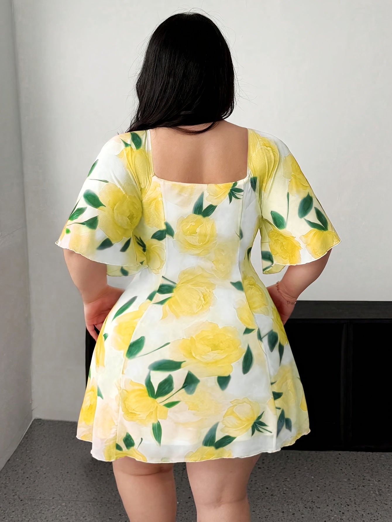 Plus Size Women's Elegant Floral Print Sheer Mesh Dress with Adjustable Tie Waist
