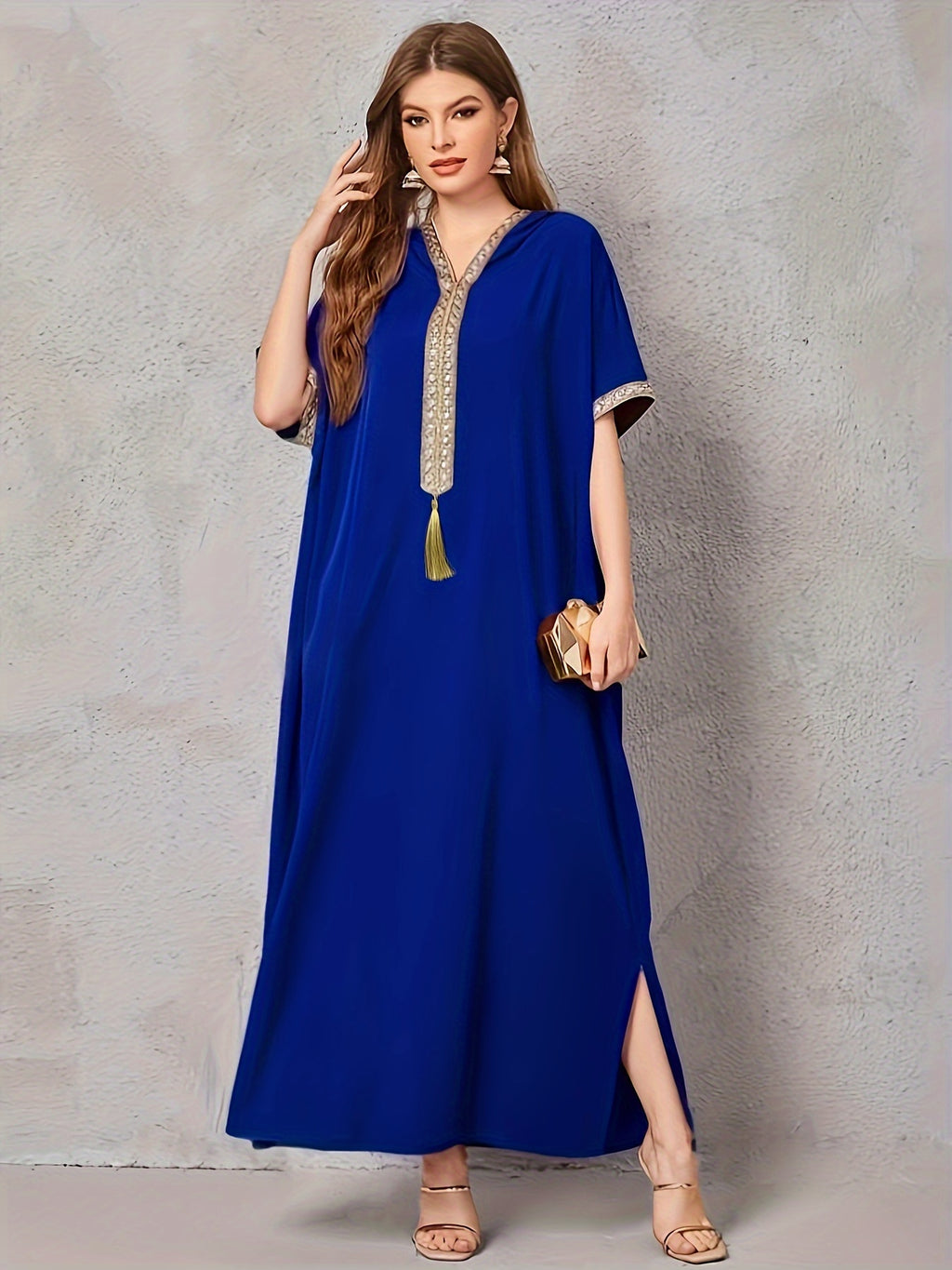 Contrast Trim V-neck Kaftan Dress, Elegant Batwing Sleeve