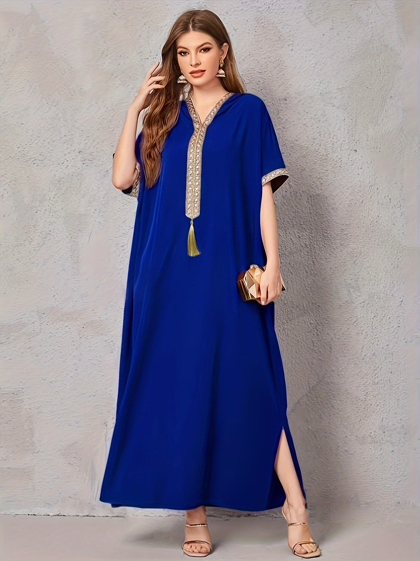 Contrast Trim V-neck Kaftan Dress, Elegant Batwing Sleeve
