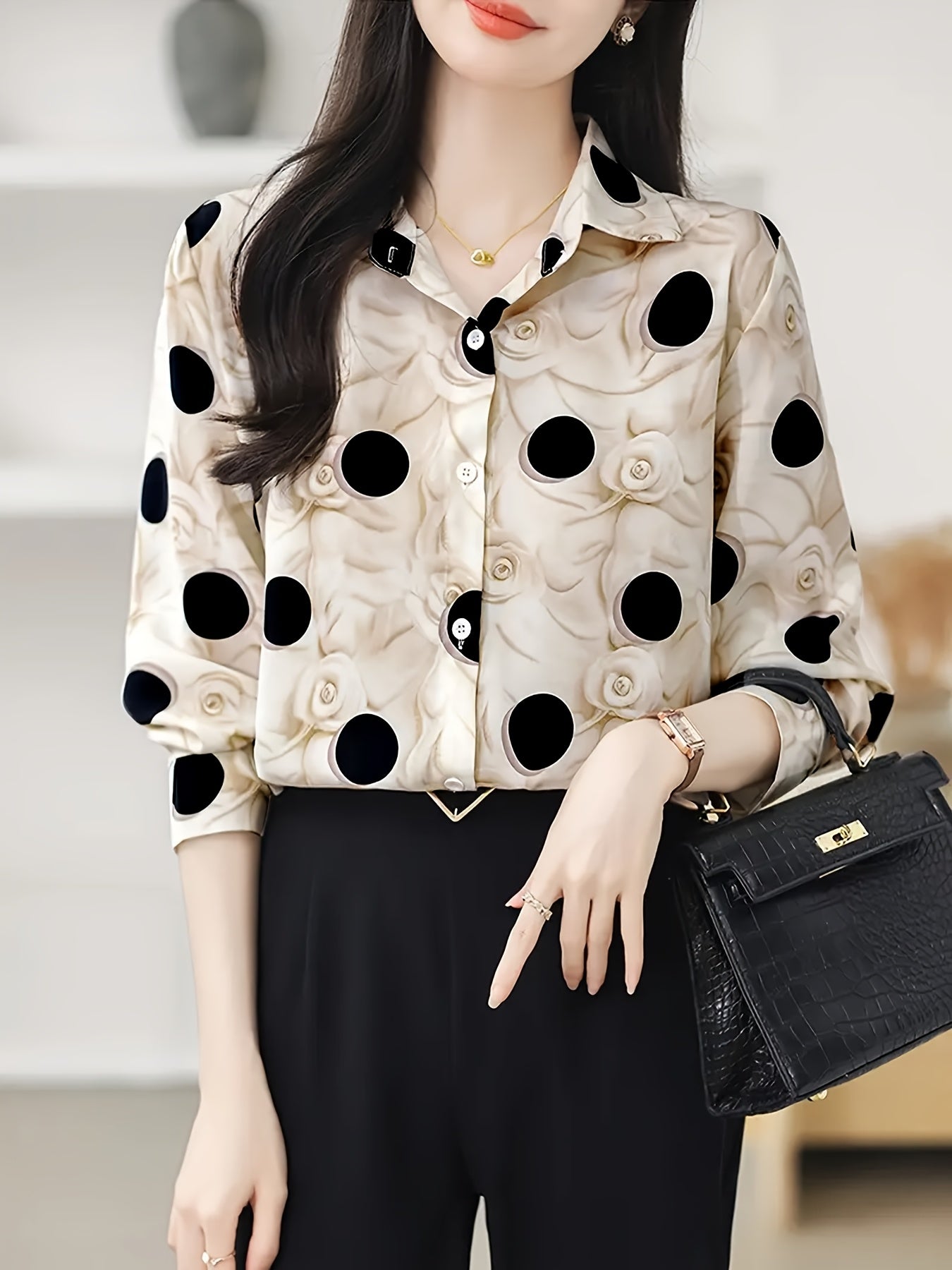 Elegant Polka Dot & Floral Print Long Sleeve Collared Blouse for Women