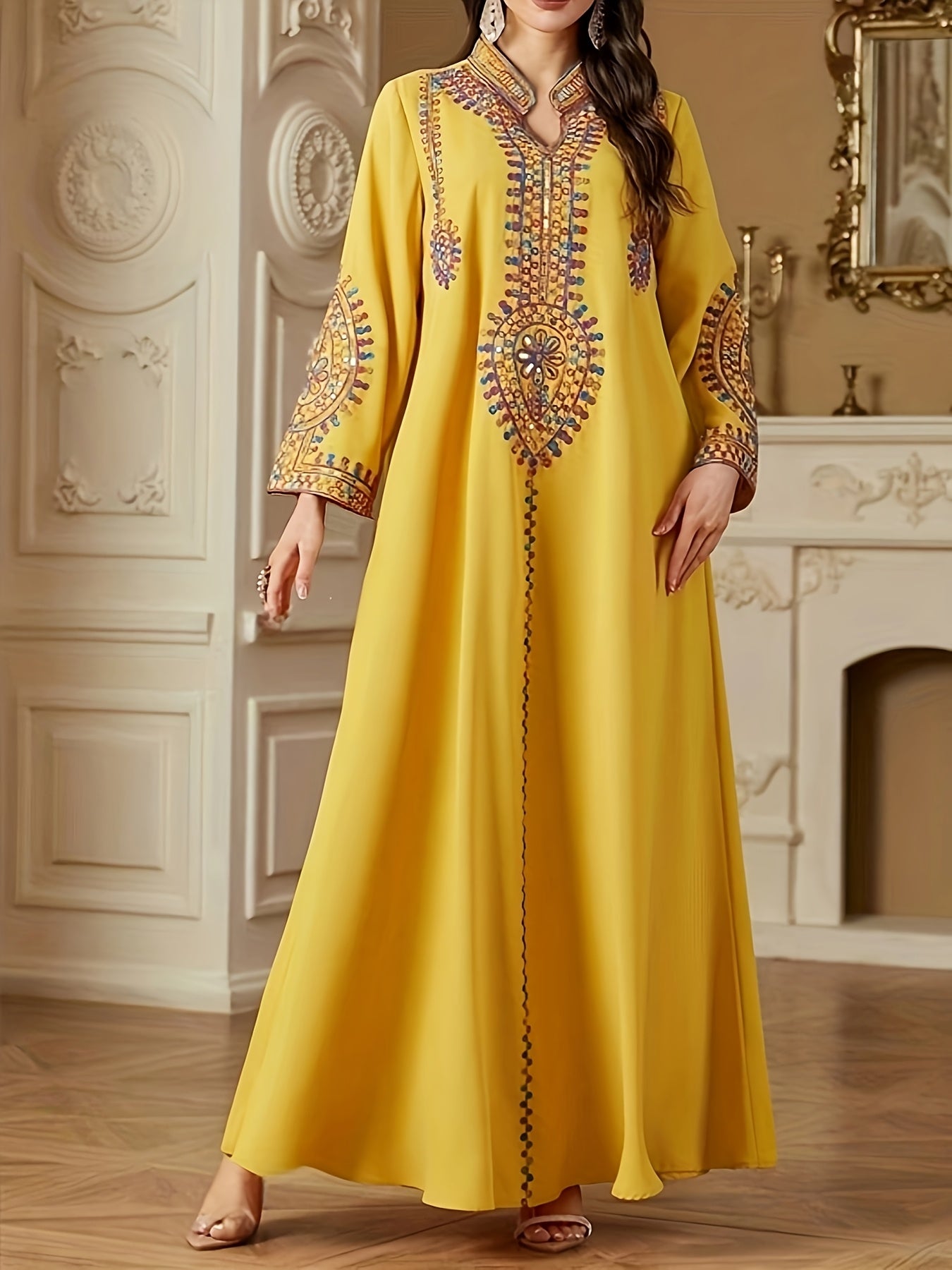 Elegant Middle Eastern-Style Long Dress with Intricate Designs