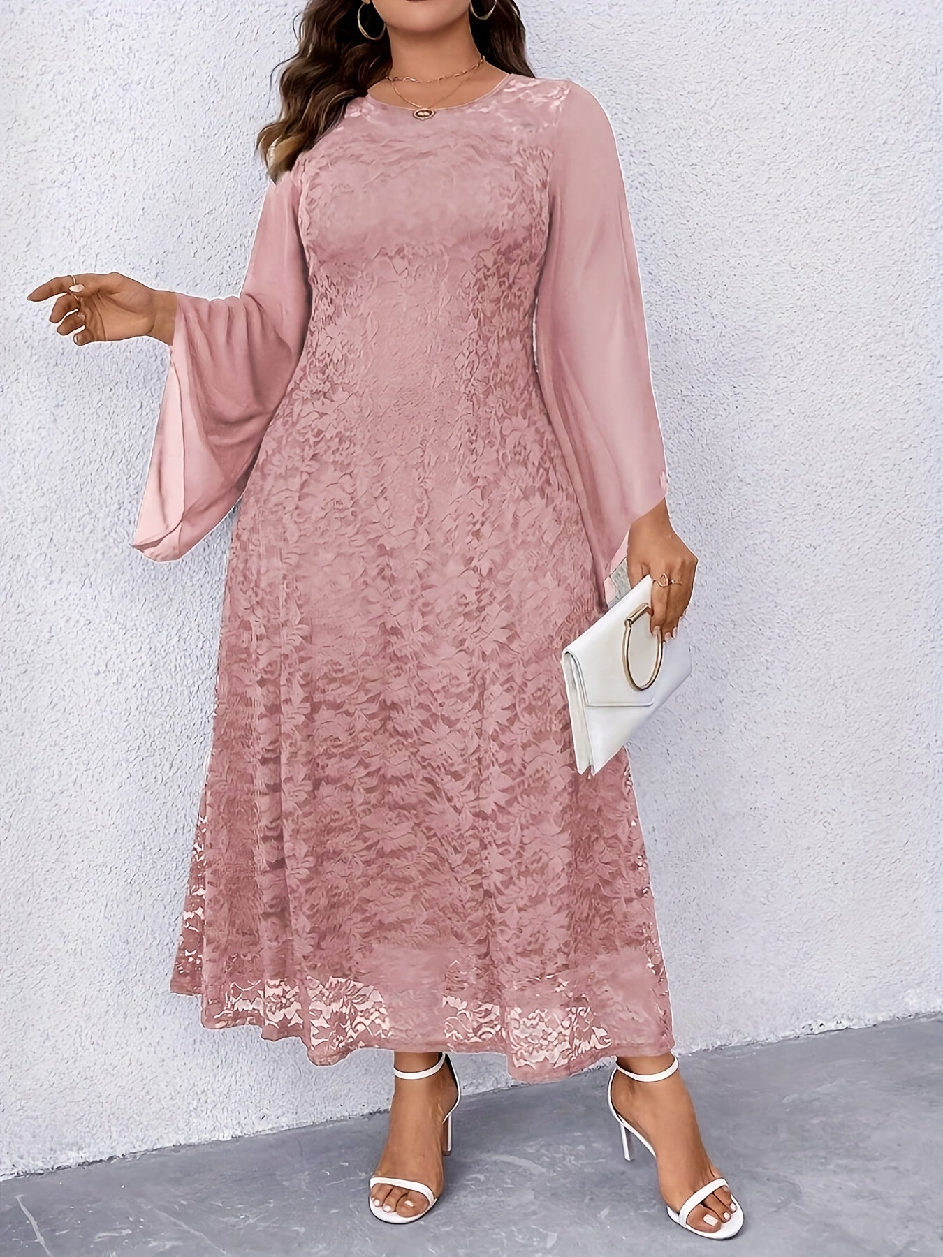 Women's Elegant Navy Blue Lace Dress - Formal to Casual Wedding Party Outfit with Long Flowing sleeves