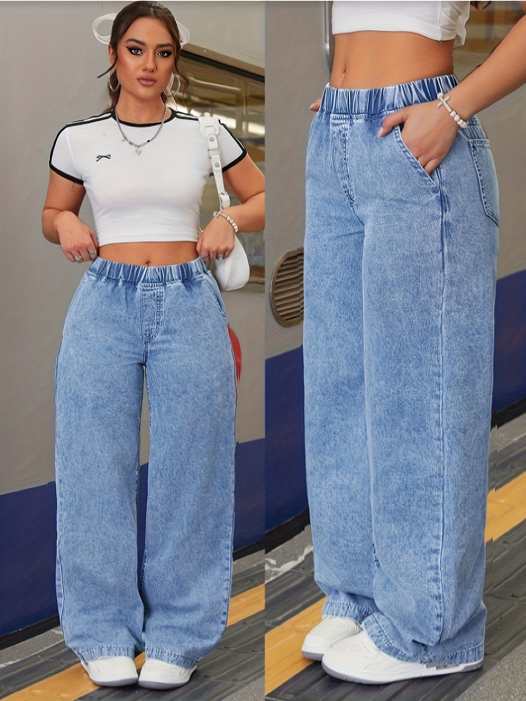 Women's Plus Size Wide Leg Full-Length Pants with Elastic Waist - Non-Stretch Washed